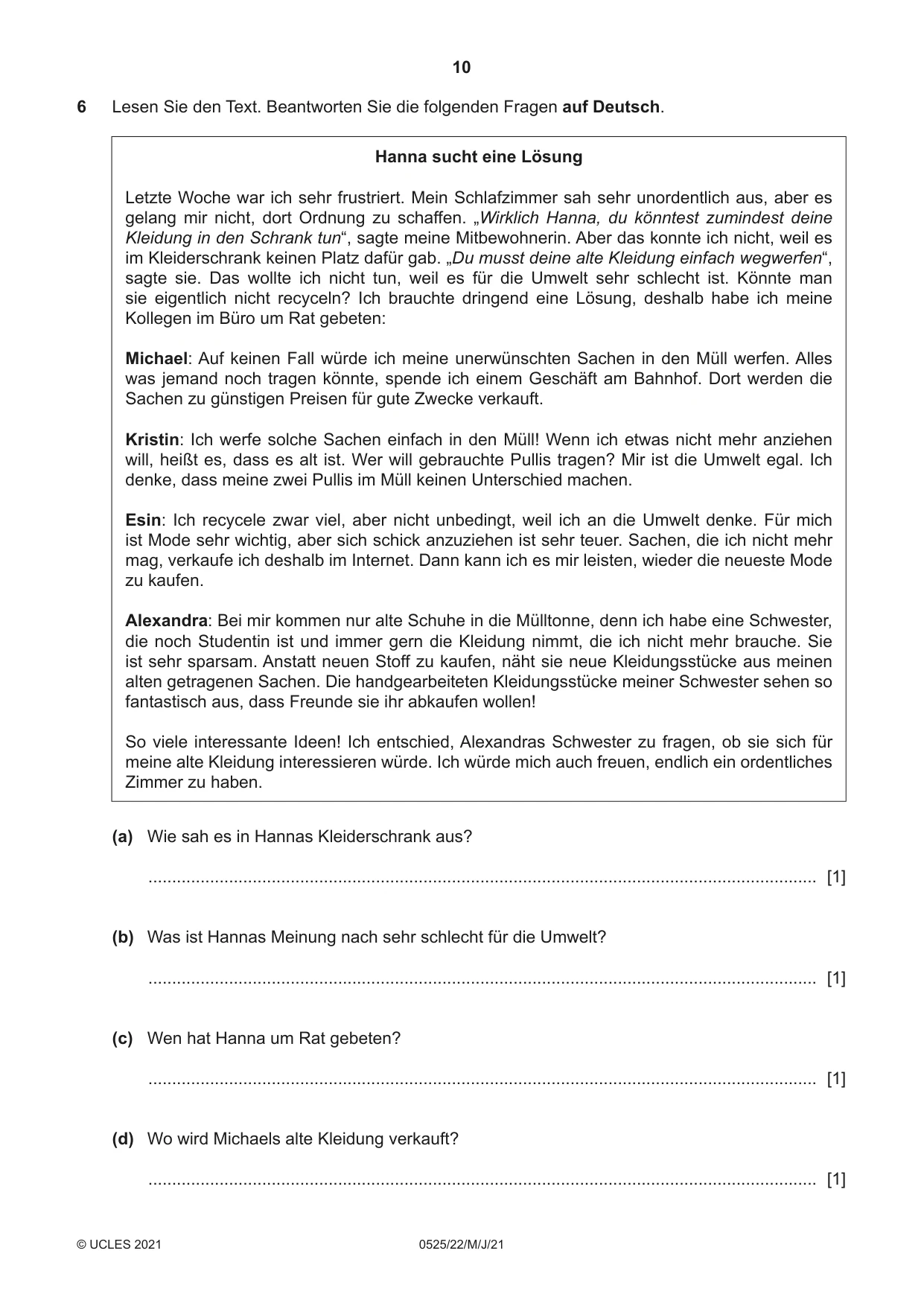 Cambridge IGCSE German - Foreign Language 0525 2021 May/June Paper 2 · Variant 2 question paper, page 10 of 12