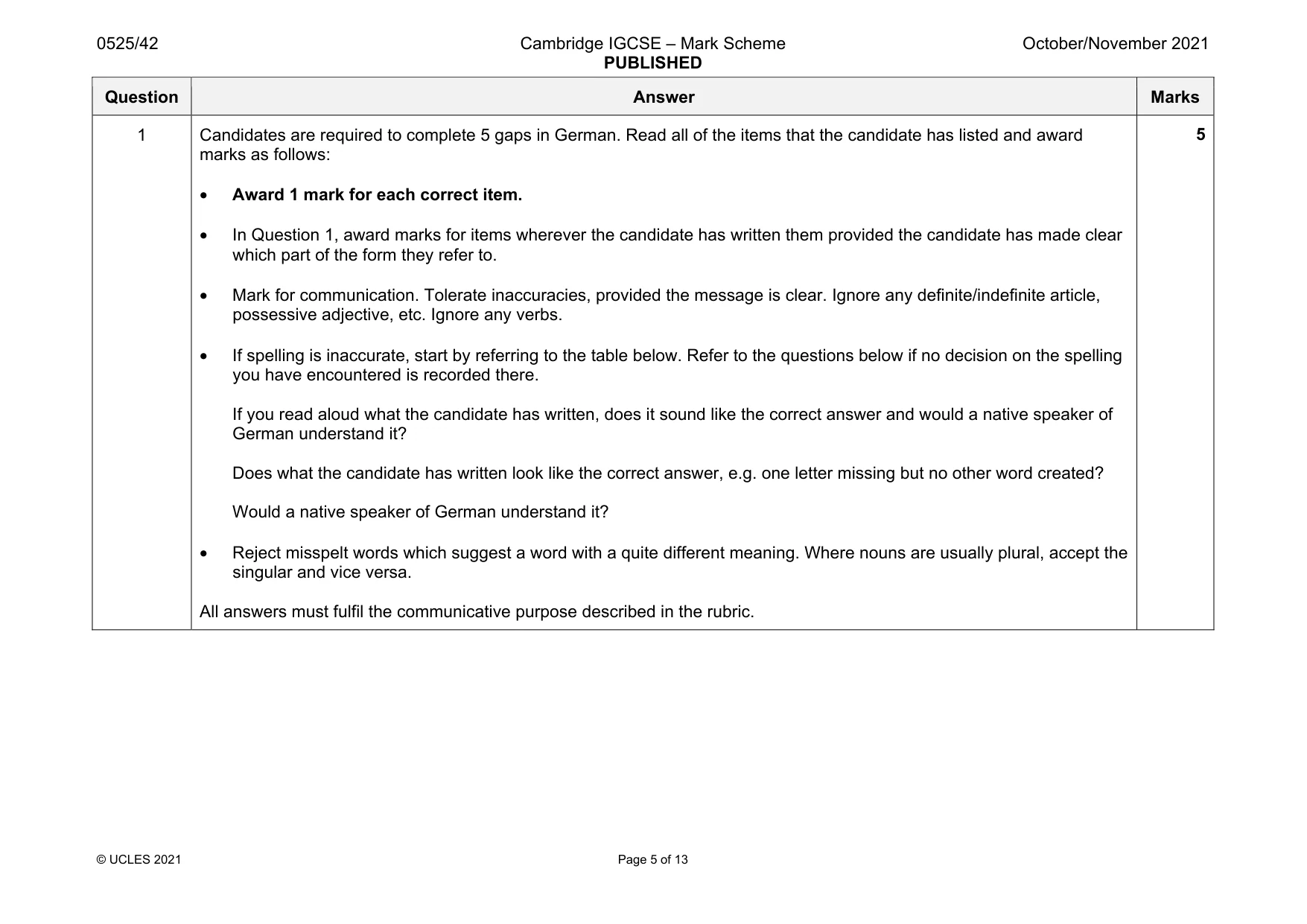 Mark scheme, page 5 of 13
