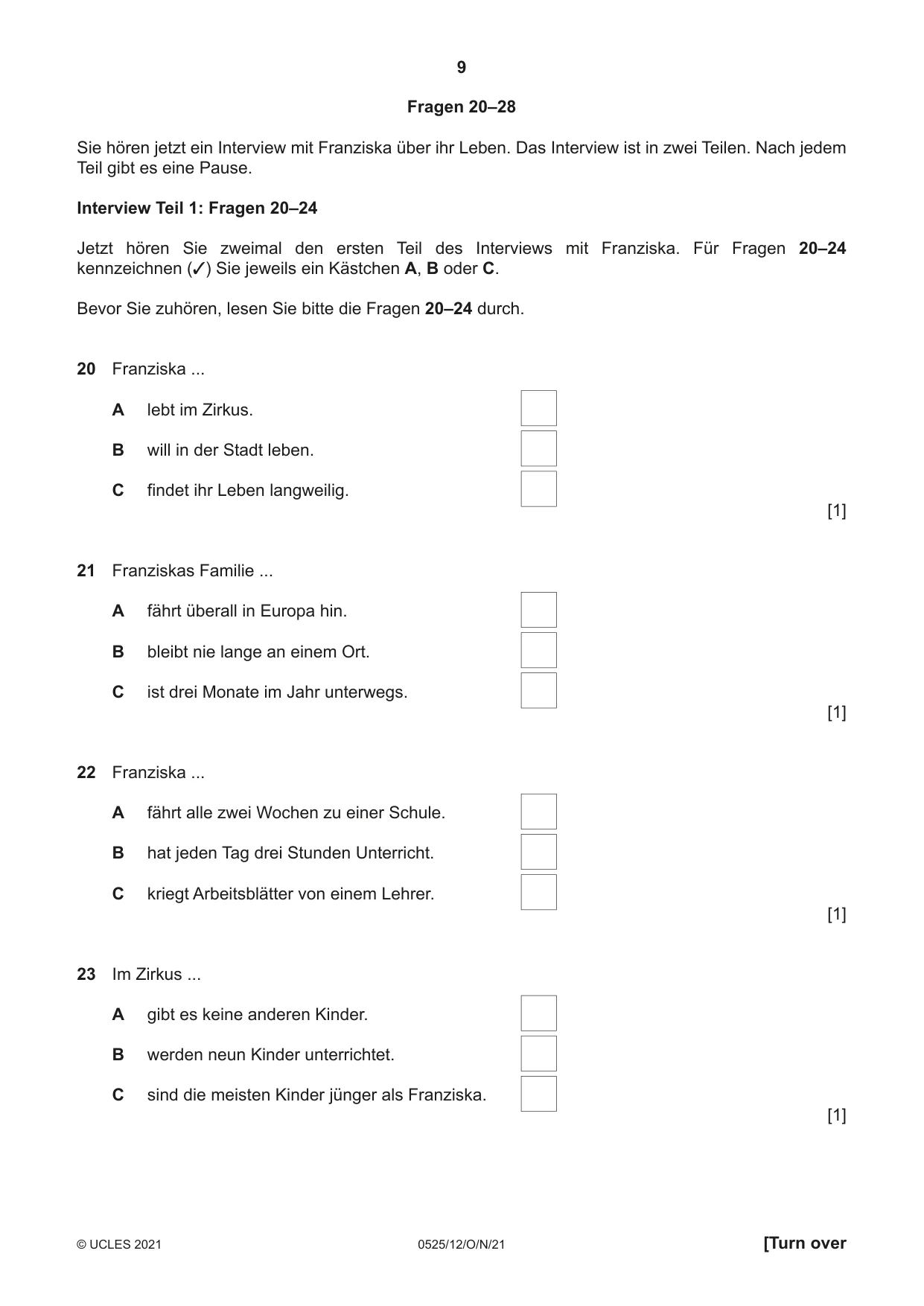 Cambridge IGCSE German - Foreign Language 0525 2021 Oct/Nov Paper 1 · Variant 2 question paper, page 9 of 16