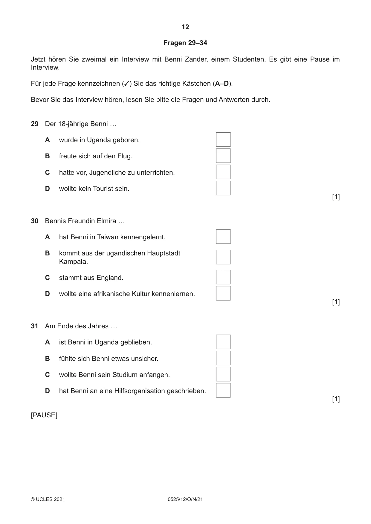 Cambridge IGCSE German - Foreign Language 0525 2021 Oct/Nov Paper 1 · Variant 2 question paper, page 12 of 16