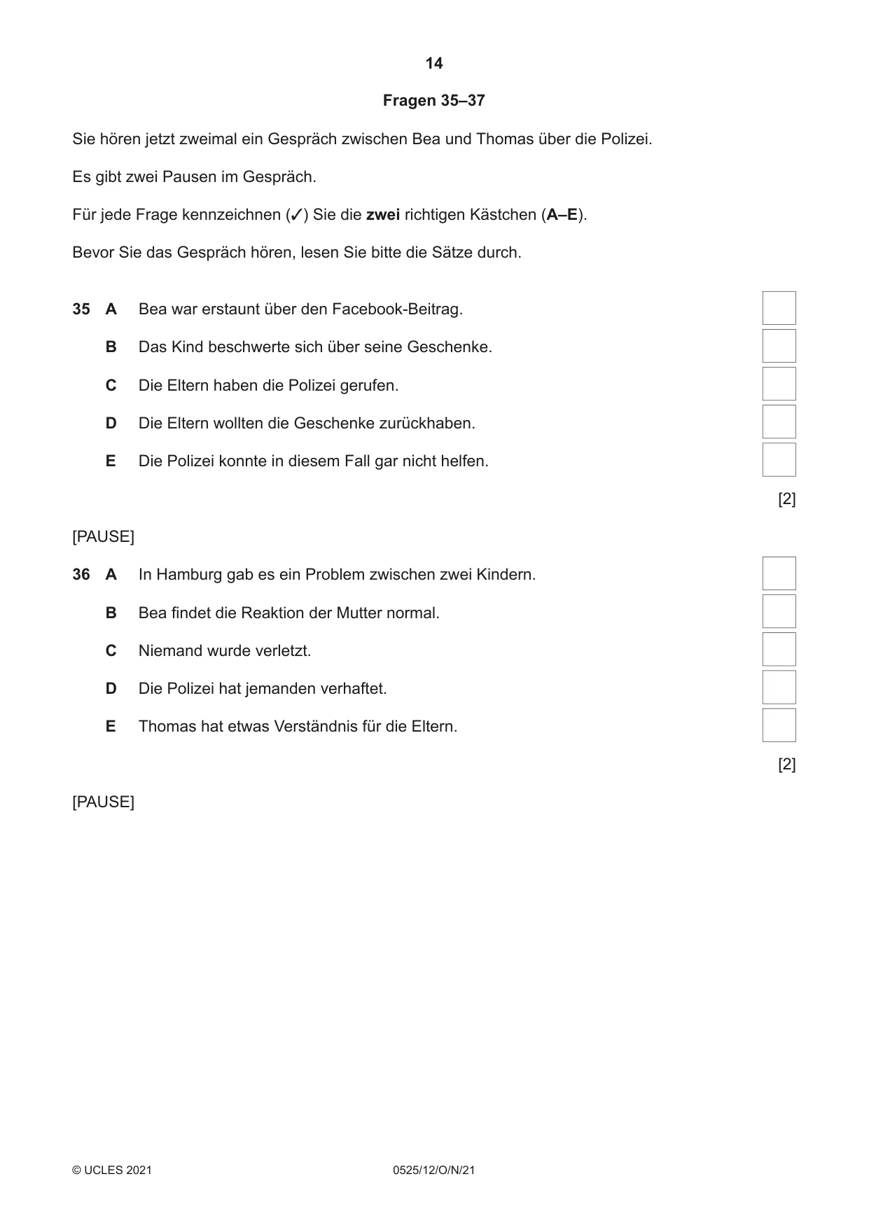 Cambridge IGCSE German - Foreign Language 0525 2021 Oct/Nov Paper 1 · Variant 2 question paper, page 14 of 16