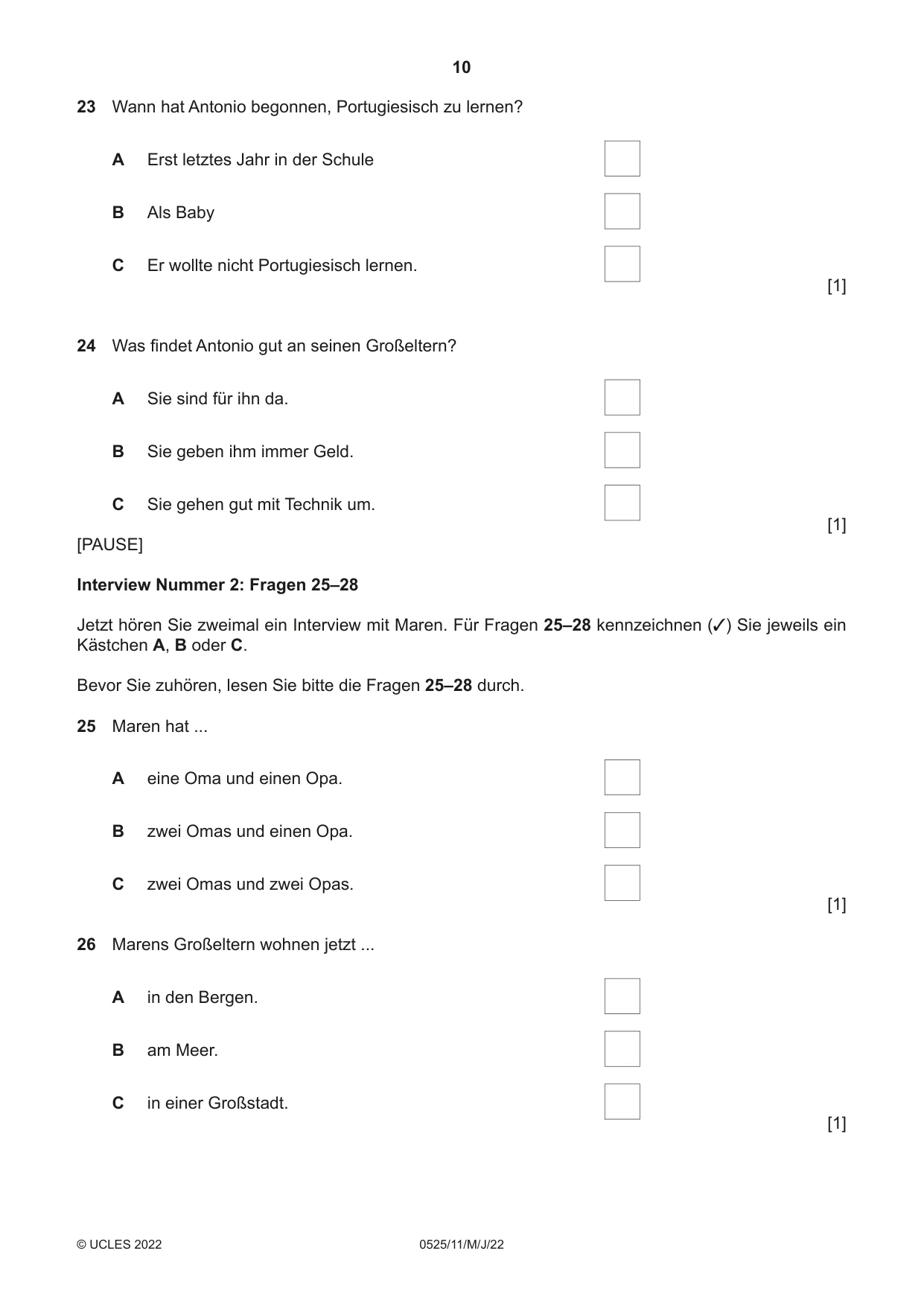 Cambridge IGCSE German - Foreign Language 0525 2022 May/June Paper 1 · Variant 1 question paper, page 10 of 16