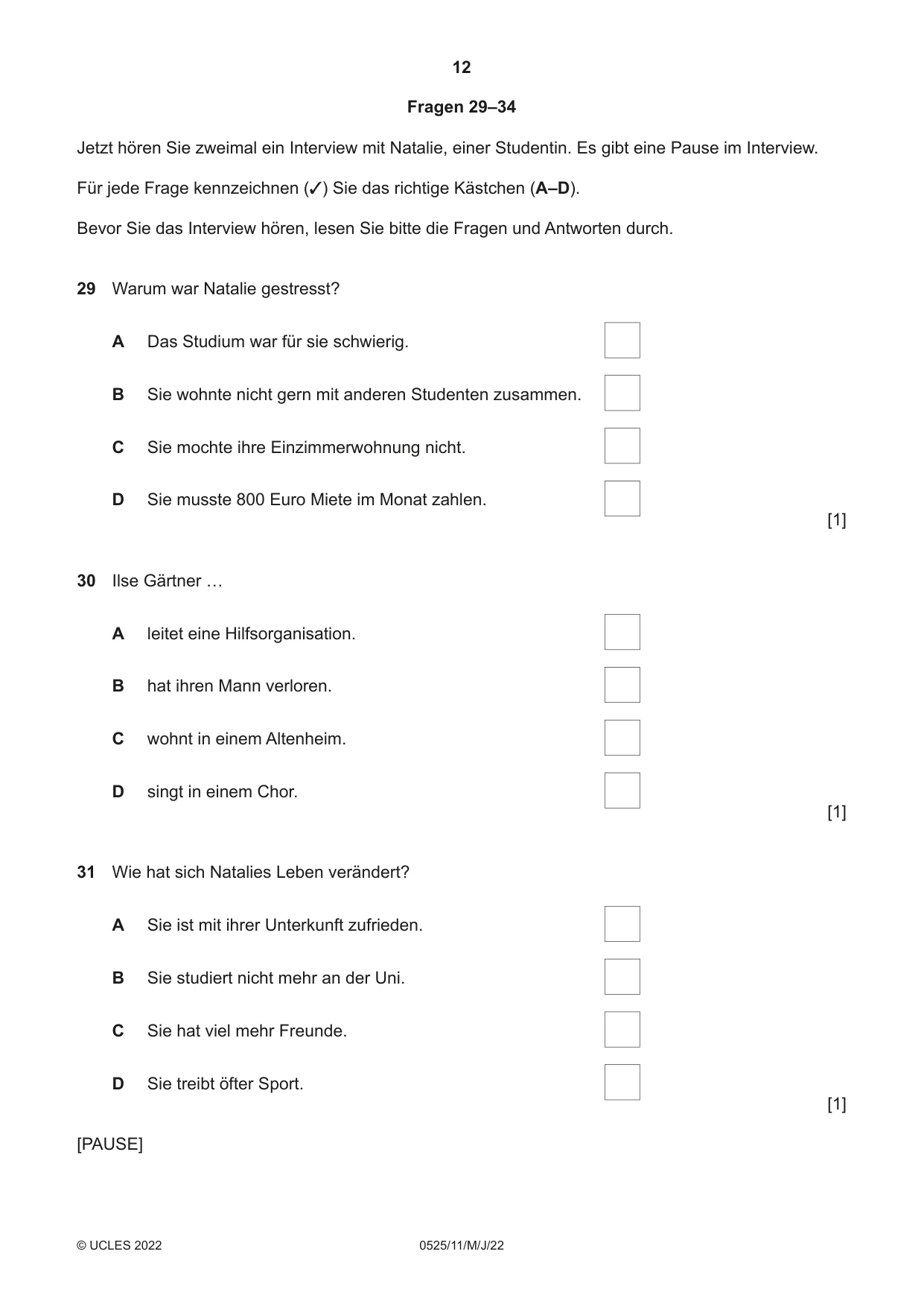 Cambridge IGCSE German - Foreign Language 0525 2022 May/June Paper 1 · Variant 1 question paper, page 12 of 16