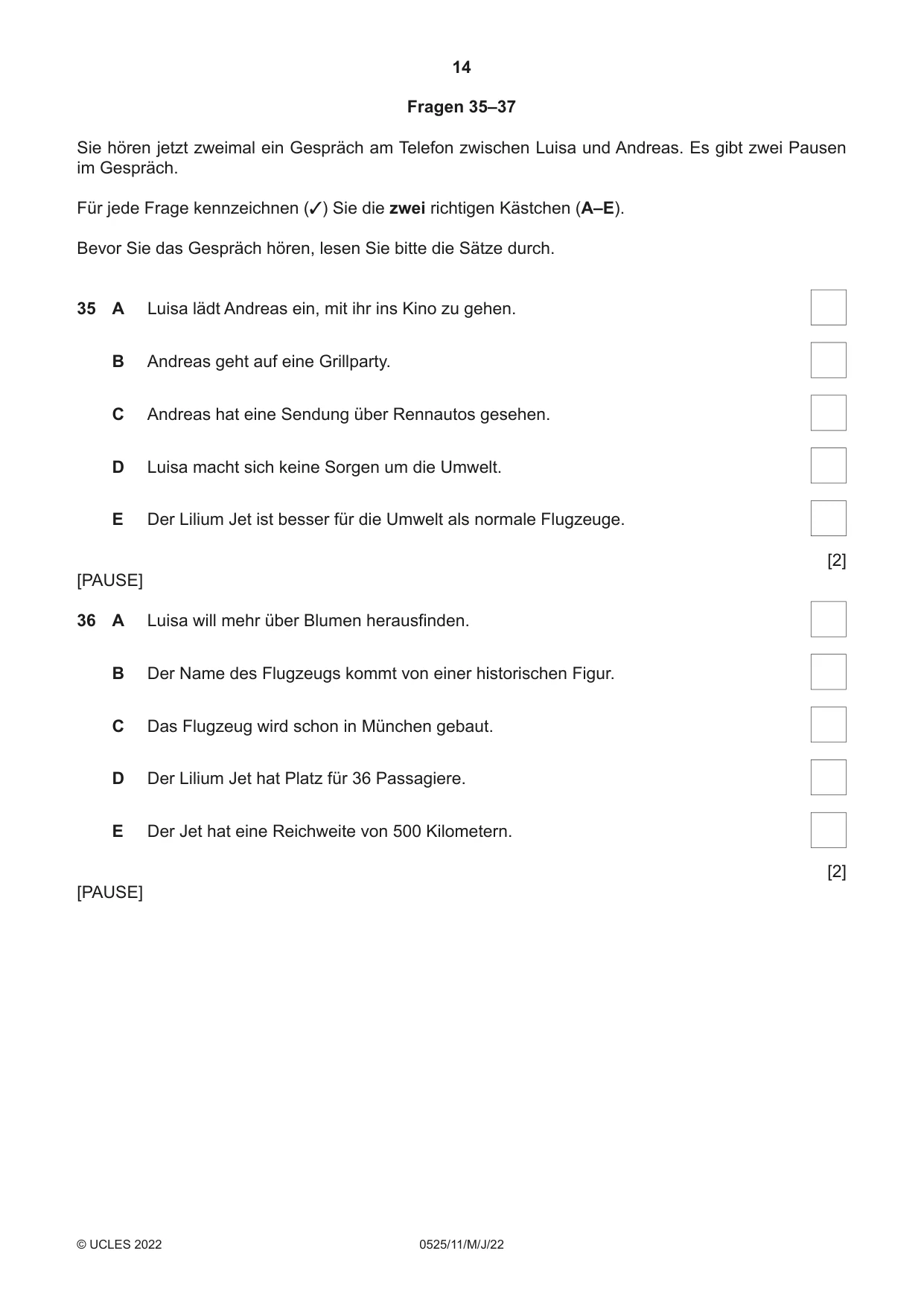 Cambridge IGCSE German - Foreign Language 0525 2022 May/June Paper 1 · Variant 1 question paper, page 14 of 16