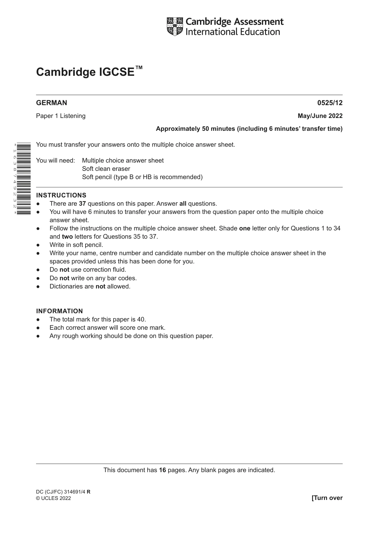 Cambridge IGCSE German - Foreign Language 0525 2022 May/June Paper 1 · Variant 2 question paper, page 1 of 16
