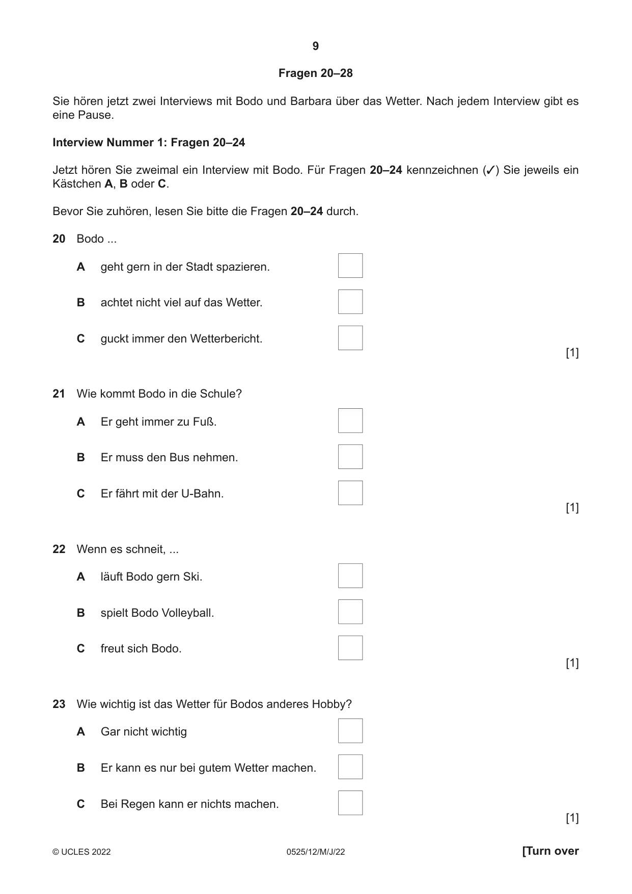 Cambridge IGCSE German - Foreign Language 0525 2022 May/June Paper 1 · Variant 2 question paper, page 9 of 16