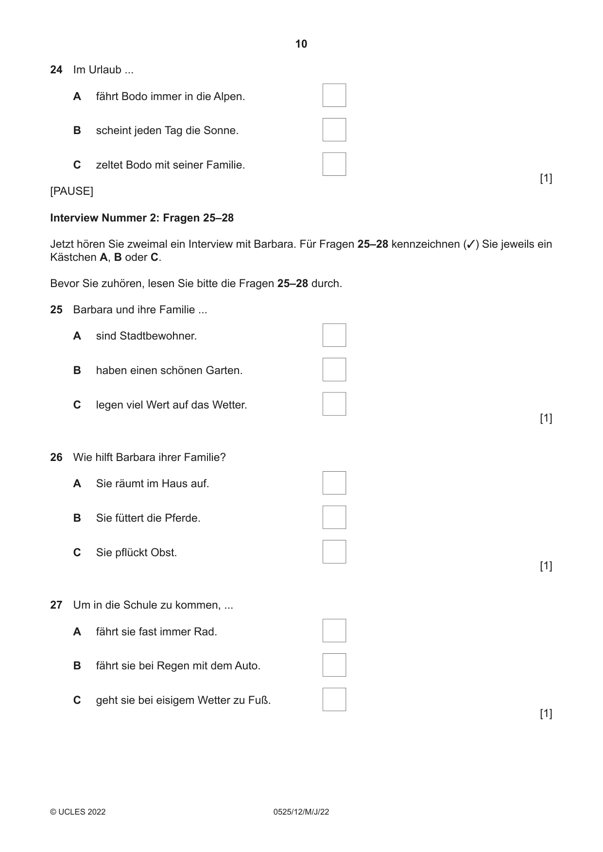 Cambridge IGCSE German - Foreign Language 0525 2022 May/June Paper 1 · Variant 2 question paper, page 10 of 16