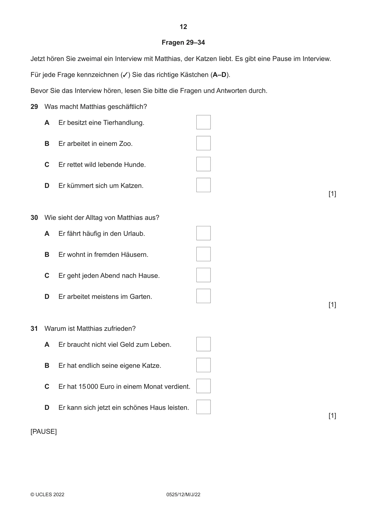 Cambridge IGCSE German - Foreign Language 0525 2022 May/June Paper 1 · Variant 2 question paper, page 12 of 16