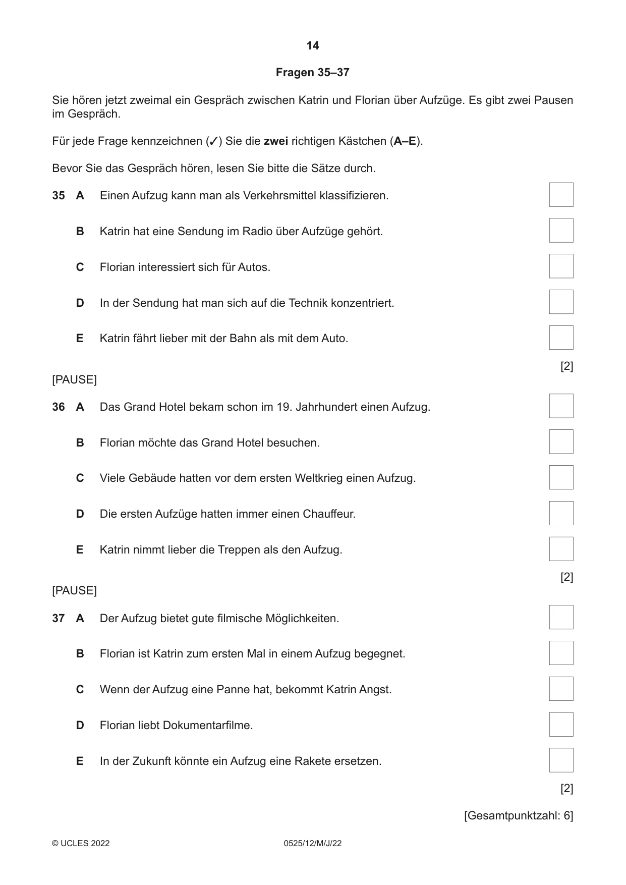 Cambridge IGCSE German - Foreign Language 0525 2022 May/June Paper 1 · Variant 2 question paper, page 14 of 16