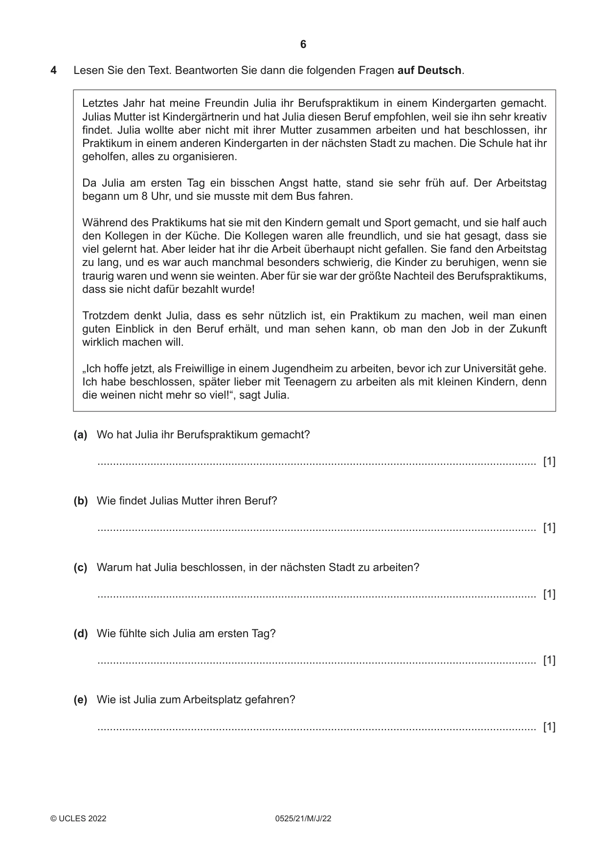 Cambridge IGCSE German - Foreign Language 0525 2022 May/June Paper 2 · Variant 1 question paper, page 6 of 12