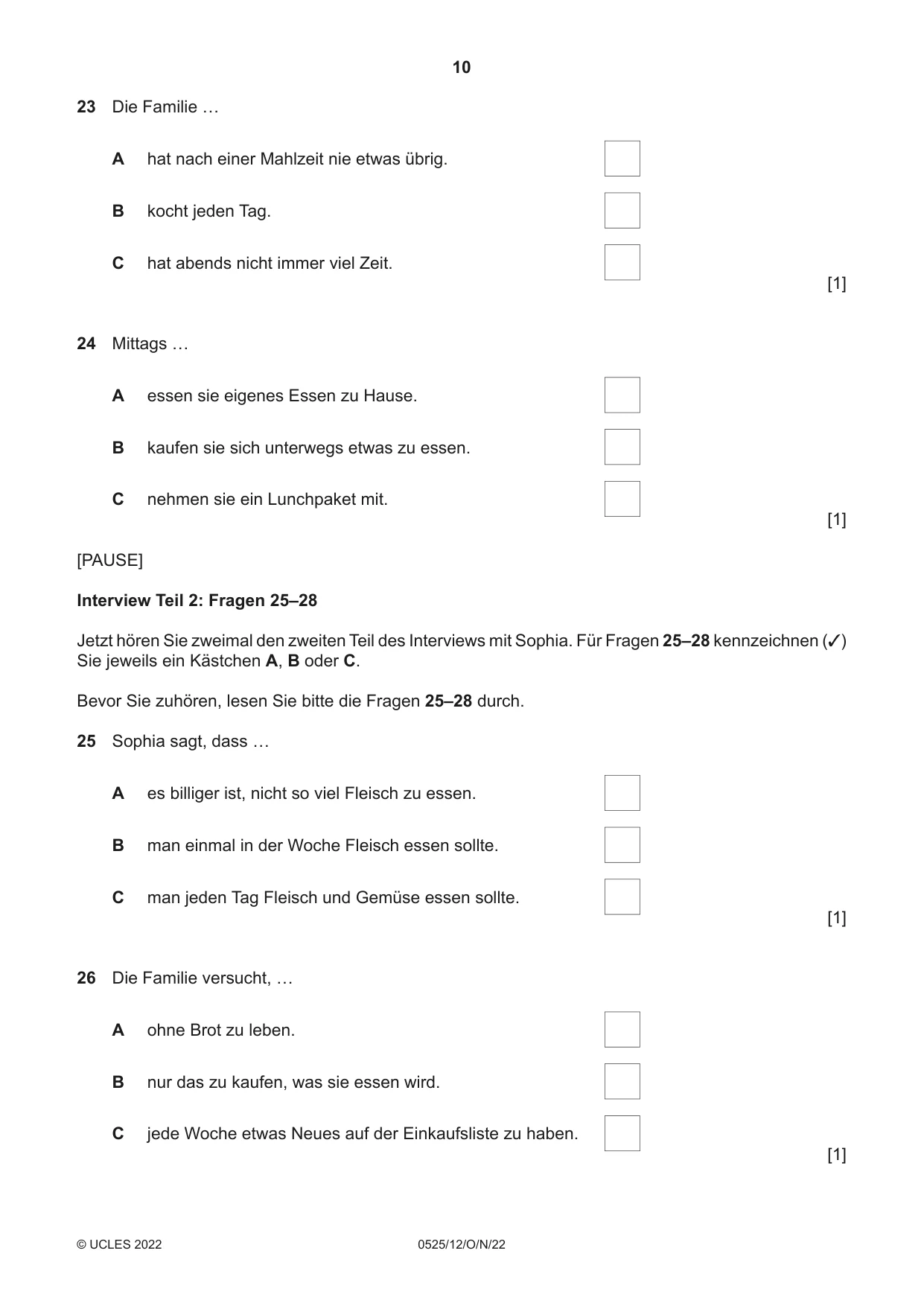 Cambridge IGCSE German - Foreign Language 0525 2022 Oct/Nov Paper 1 · Variant 2 question paper, page 10 of 16