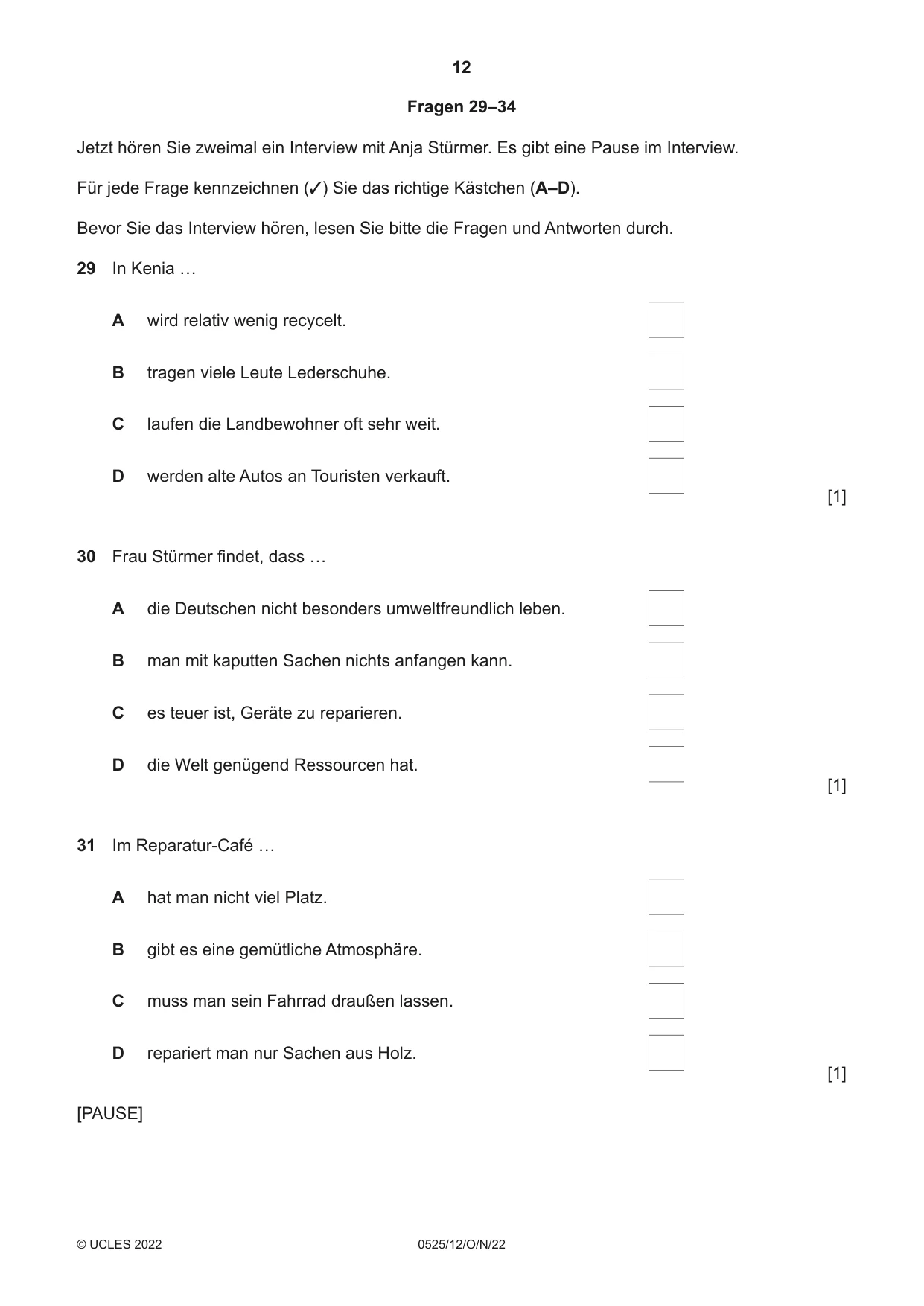 Cambridge IGCSE German - Foreign Language 0525 2022 Oct/Nov Paper 1 · Variant 2 question paper, page 12 of 16
