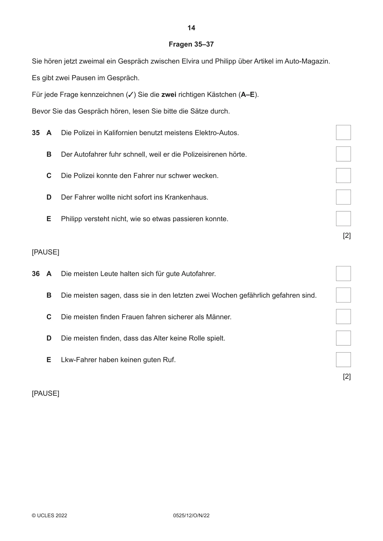 Cambridge IGCSE German - Foreign Language 0525 2022 Oct/Nov Paper 1 · Variant 2 question paper, page 14 of 16
