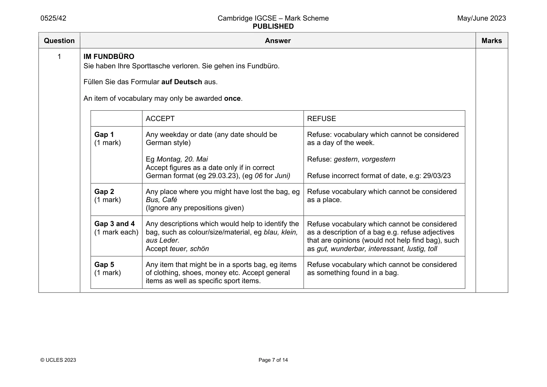 Mark scheme, page 7 of 14