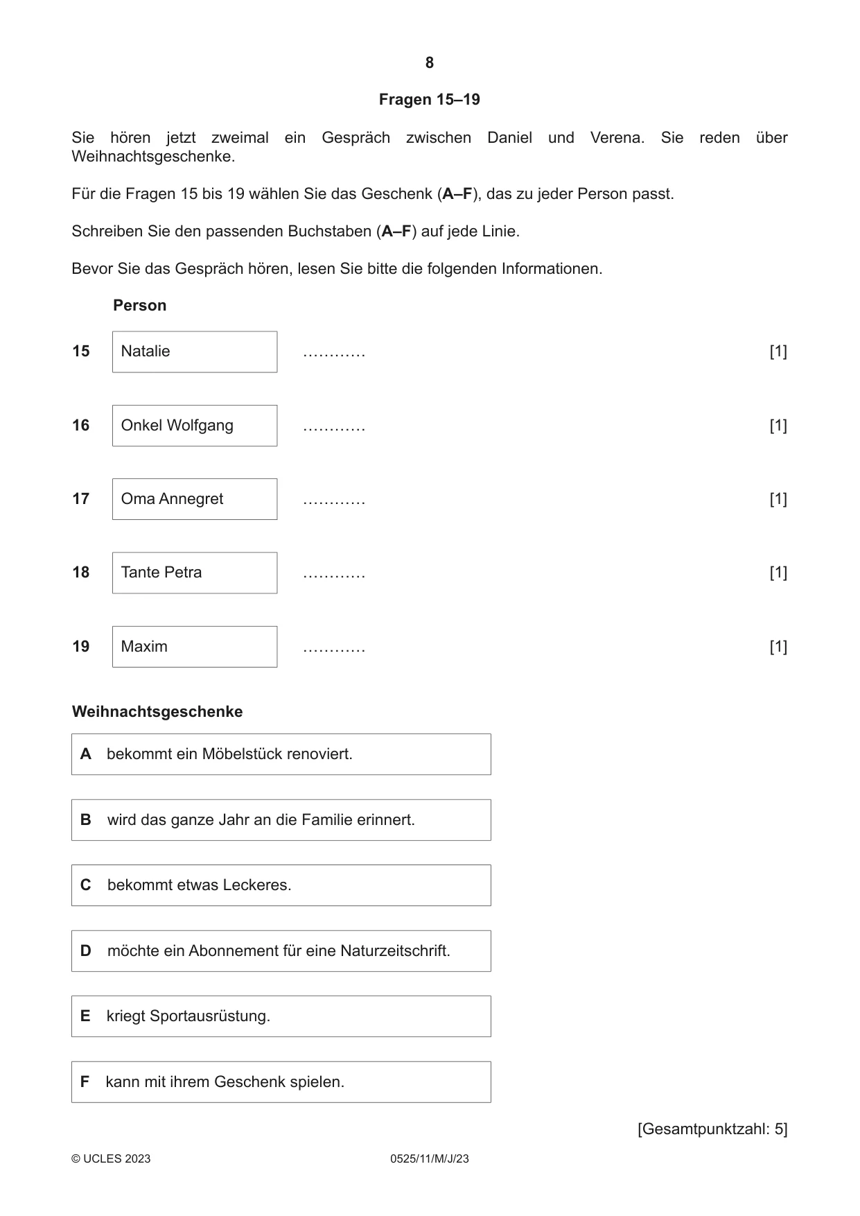 Cambridge IGCSE German - Foreign Language 0525 2023 May/June Paper 1 · Variant 1 question paper, page 8 of 16