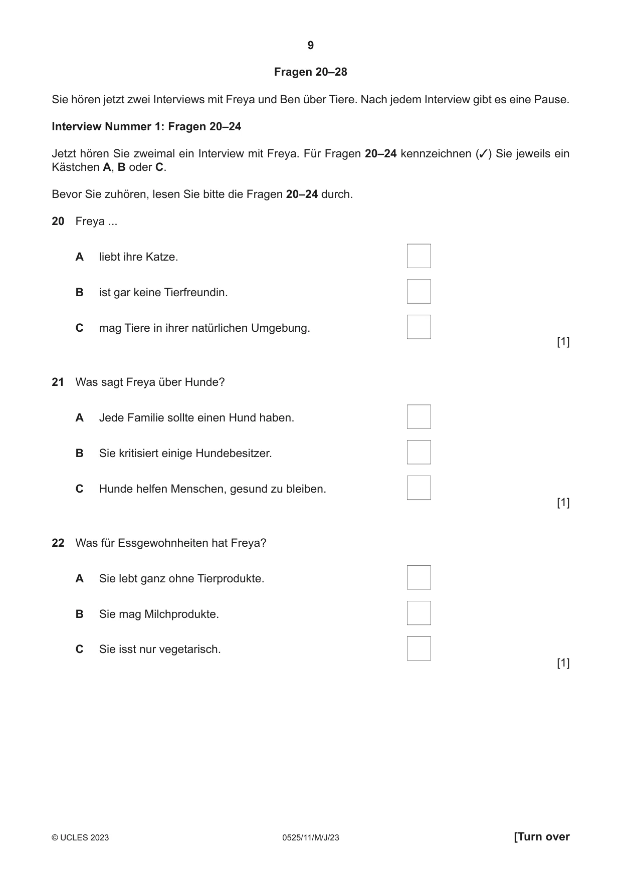 Cambridge IGCSE German - Foreign Language 0525 2023 May/June Paper 1 · Variant 1 question paper, page 9 of 16