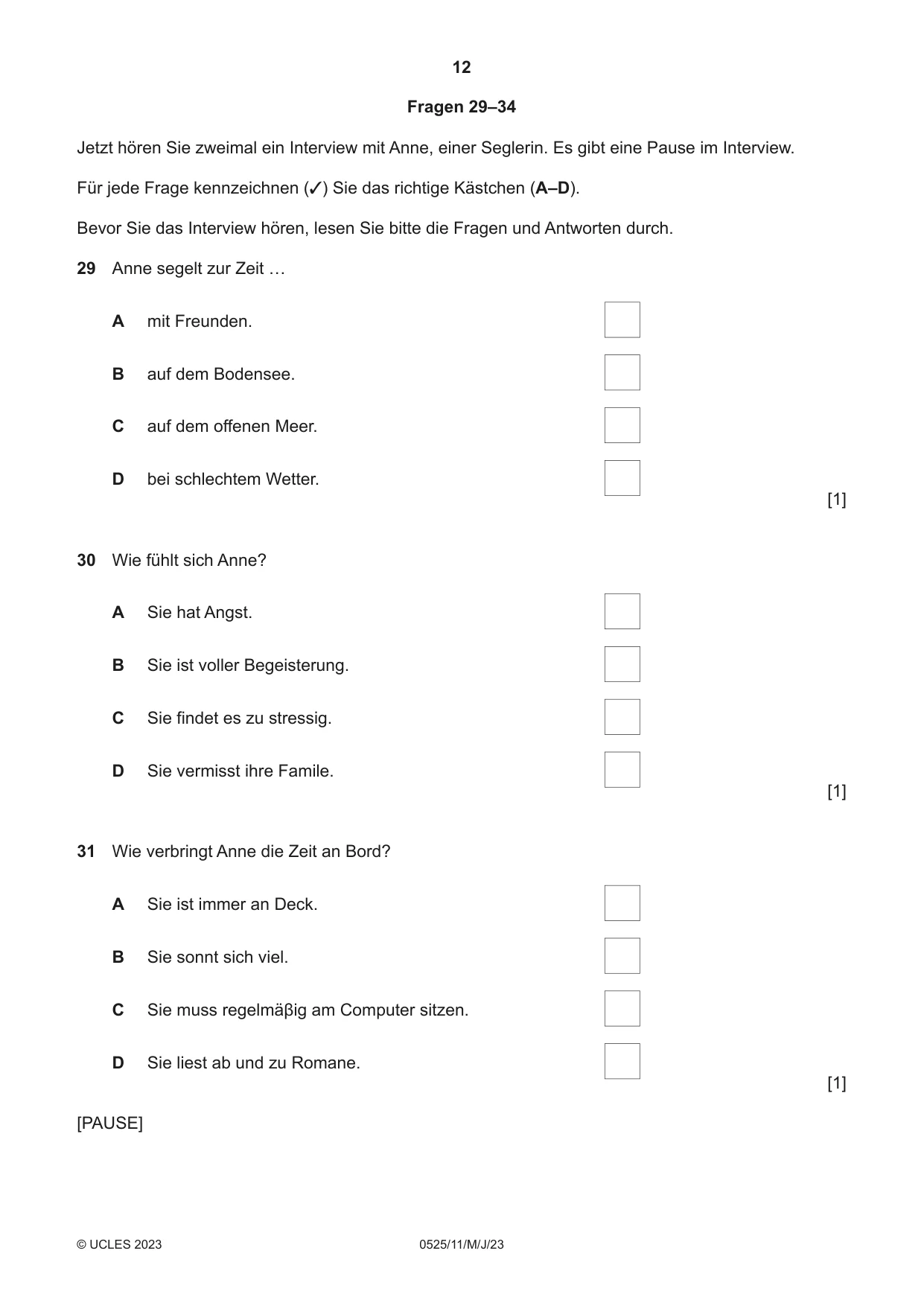 Cambridge IGCSE German - Foreign Language 0525 2023 May/June Paper 1 · Variant 1 question paper, page 12 of 16