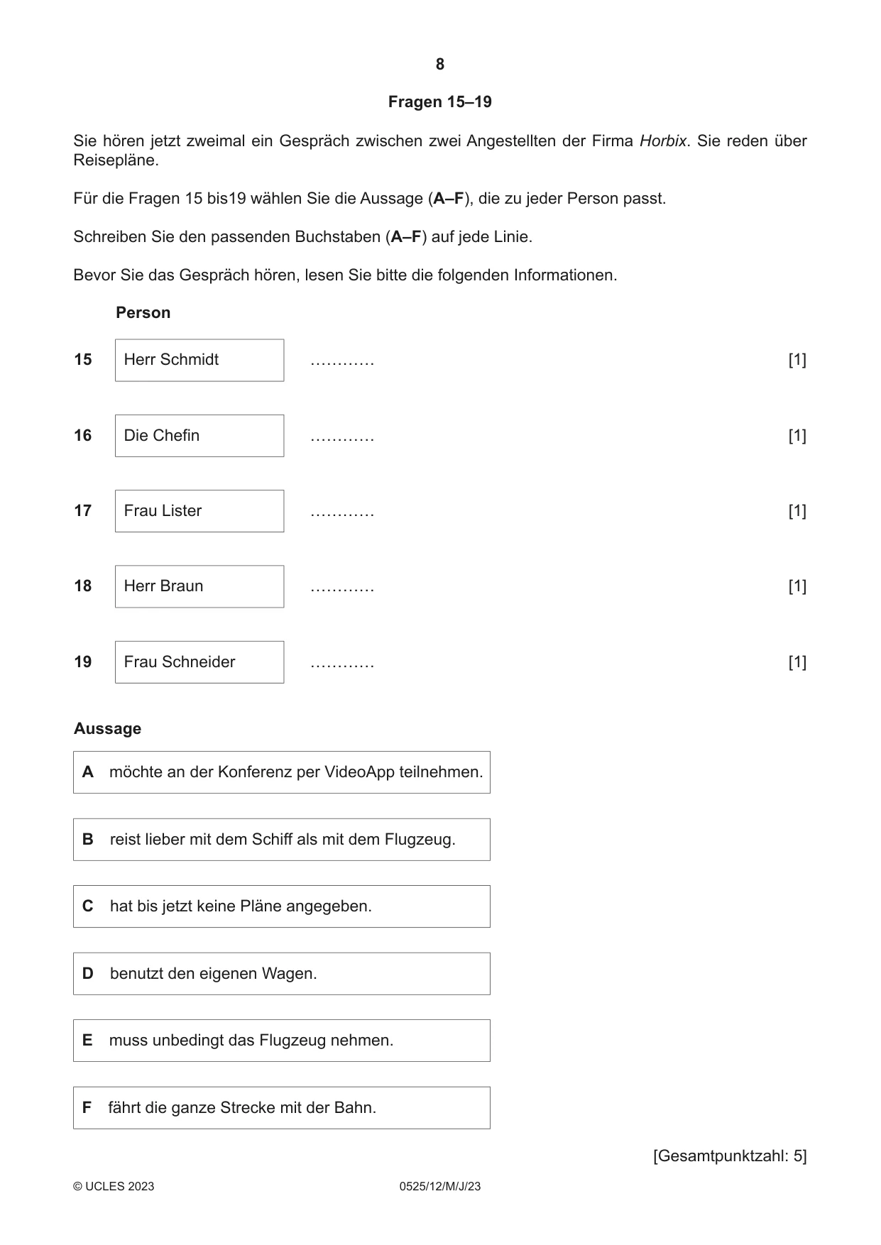 Cambridge IGCSE German - Foreign Language 0525 2023 May/June Paper 1 · Variant 2 question paper, page 8 of 16