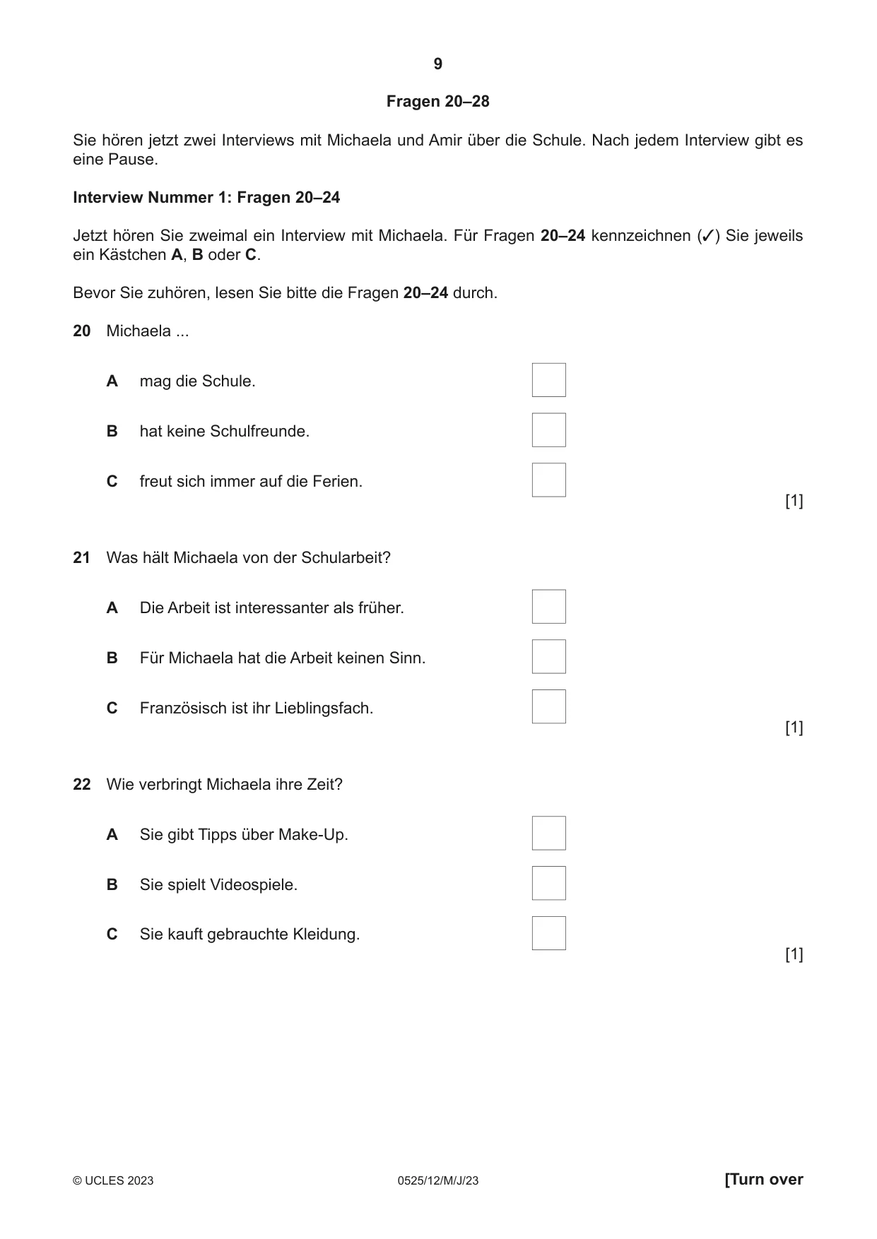Cambridge IGCSE German - Foreign Language 0525 2023 May/June Paper 1 · Variant 2 question paper, page 9 of 16