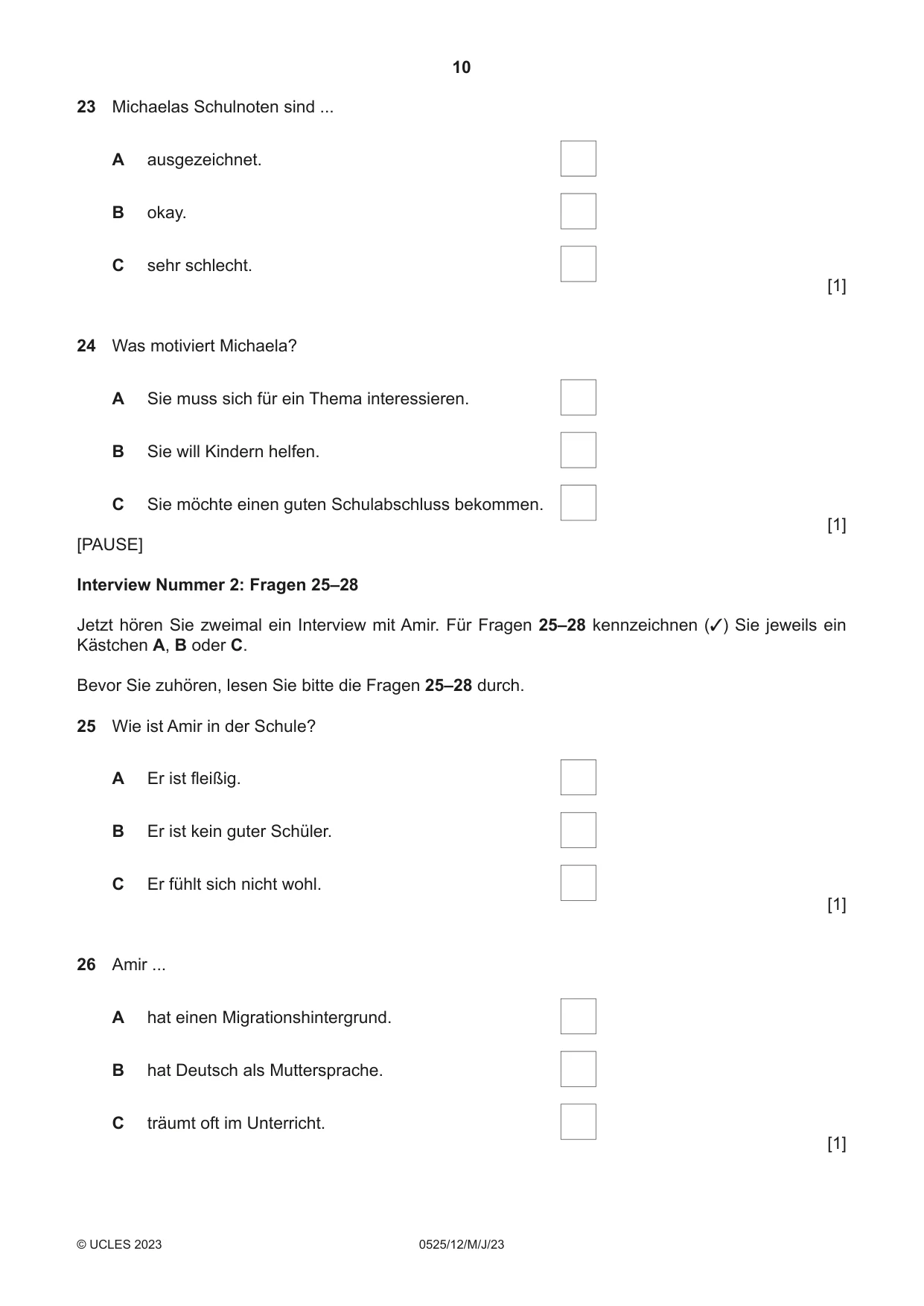 Cambridge IGCSE German - Foreign Language 0525 2023 May/June Paper 1 · Variant 2 question paper, page 10 of 16