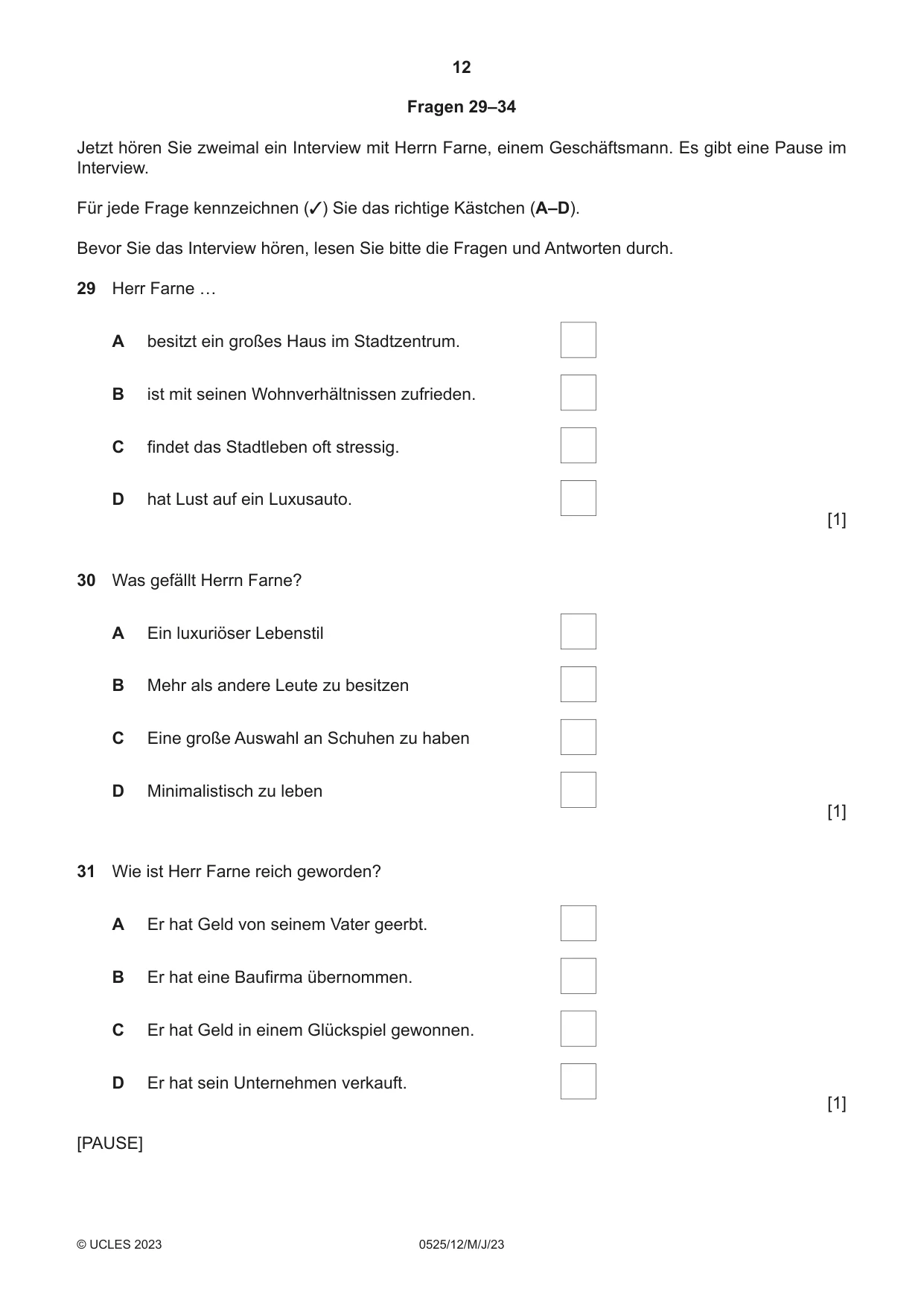 Cambridge IGCSE German - Foreign Language 0525 2023 May/June Paper 1 · Variant 2 question paper, page 12 of 16
