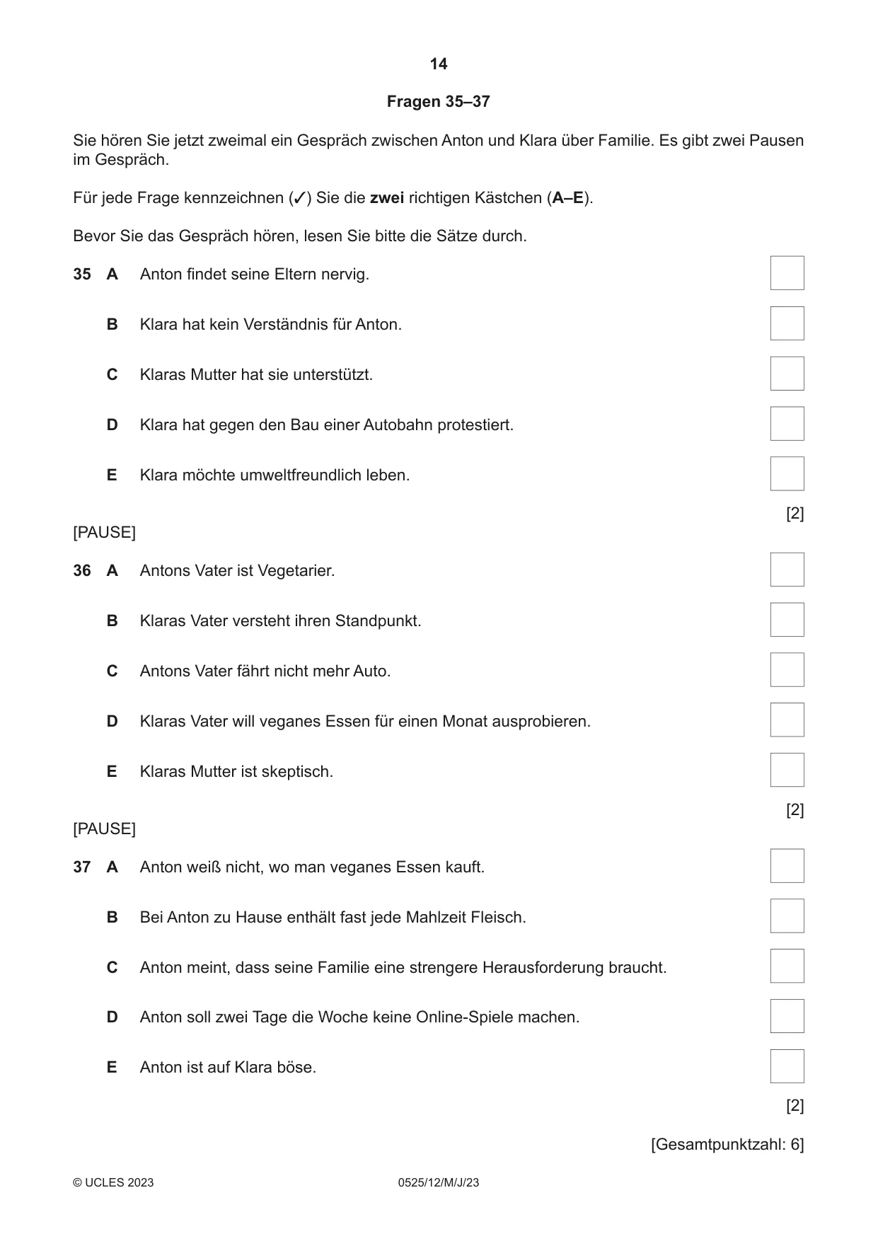 Cambridge IGCSE German - Foreign Language 0525 2023 May/June Paper 1 · Variant 2 question paper, page 14 of 16