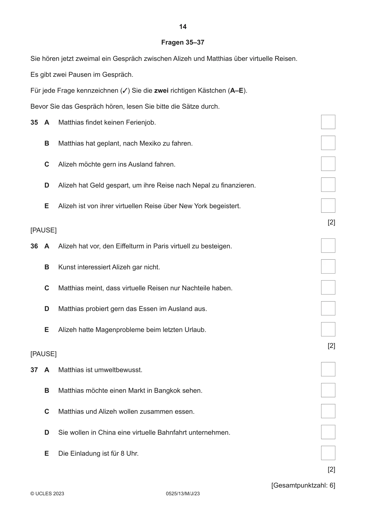 Cambridge IGCSE German - Foreign Language 0525 2023 May/June Paper 1 · Variant 3 question paper, page 14 of 16