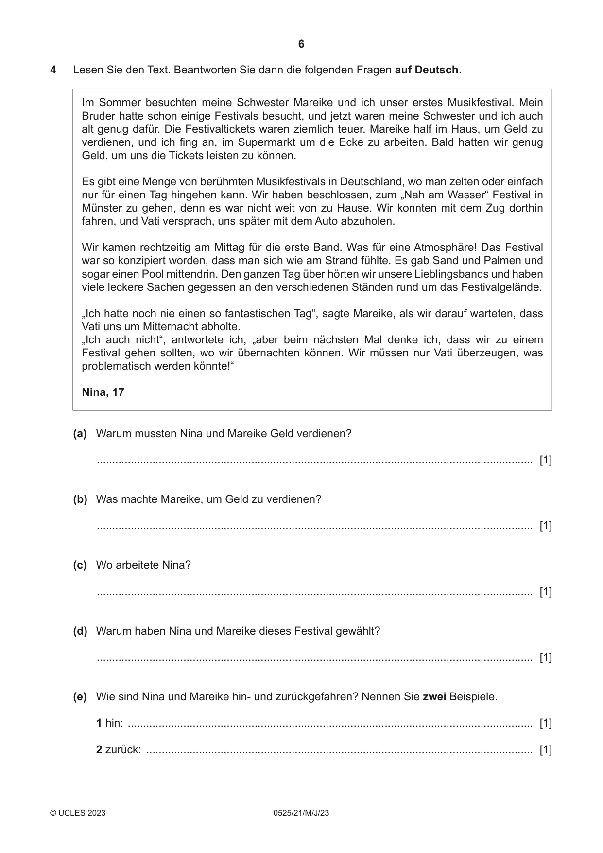 Cambridge IGCSE German - Foreign Language 0525 2023 May/June Paper 2 · Variant 1 question paper, page 6 of 12