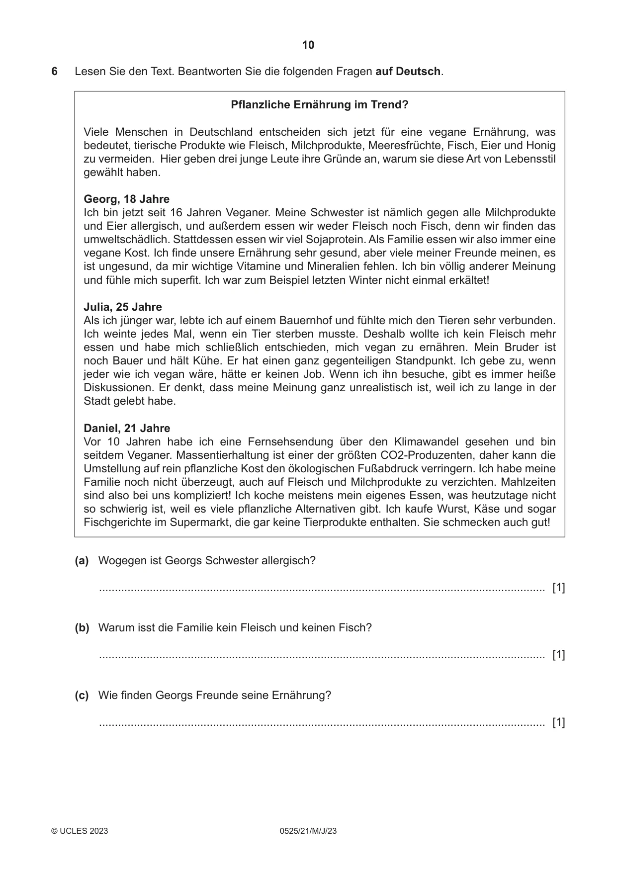 Cambridge IGCSE German - Foreign Language 0525 2023 May/June Paper 2 · Variant 1 question paper, page 10 of 12