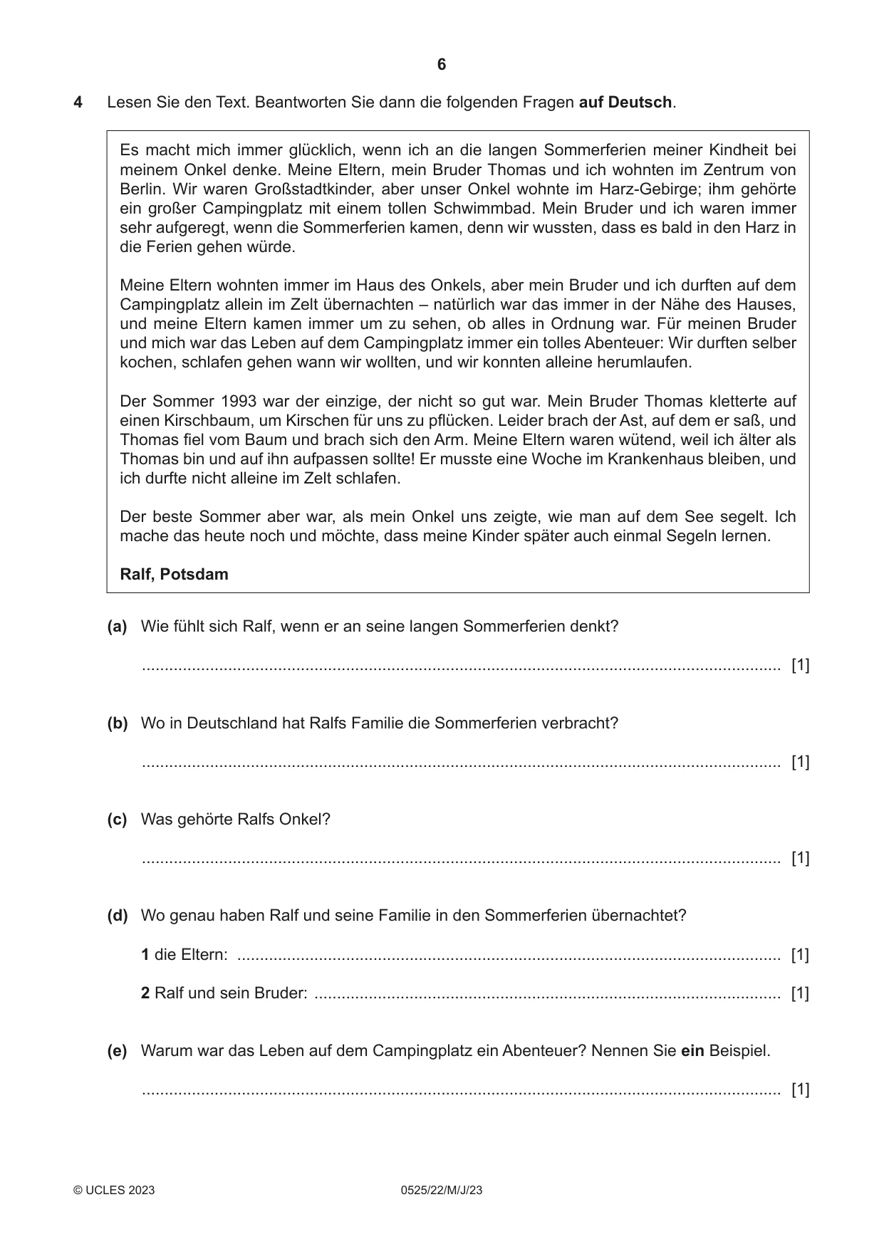 Cambridge IGCSE German - Foreign Language 0525 2023 May/June Paper 2 · Variant 2 question paper, page 6 of 12