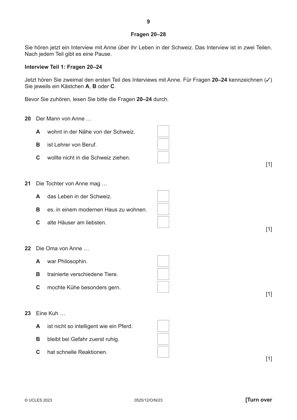 Cambridge IGCSE German - Foreign Language 0525 2023 Oct/Nov Paper 1 · Variant 2 question paper, page 9 of 16