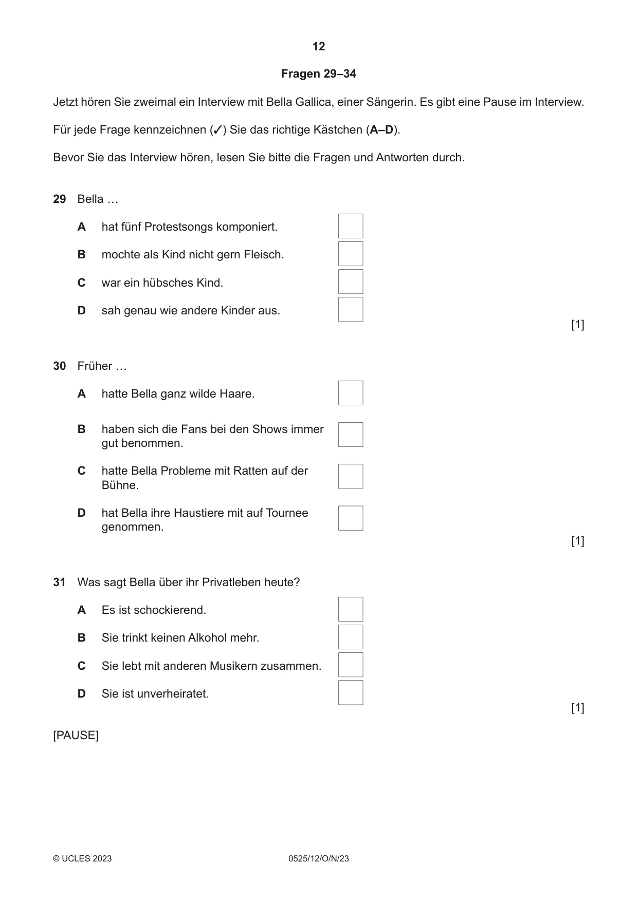 Cambridge IGCSE German - Foreign Language 0525 2023 Oct/Nov Paper 1 · Variant 2 question paper, page 12 of 16