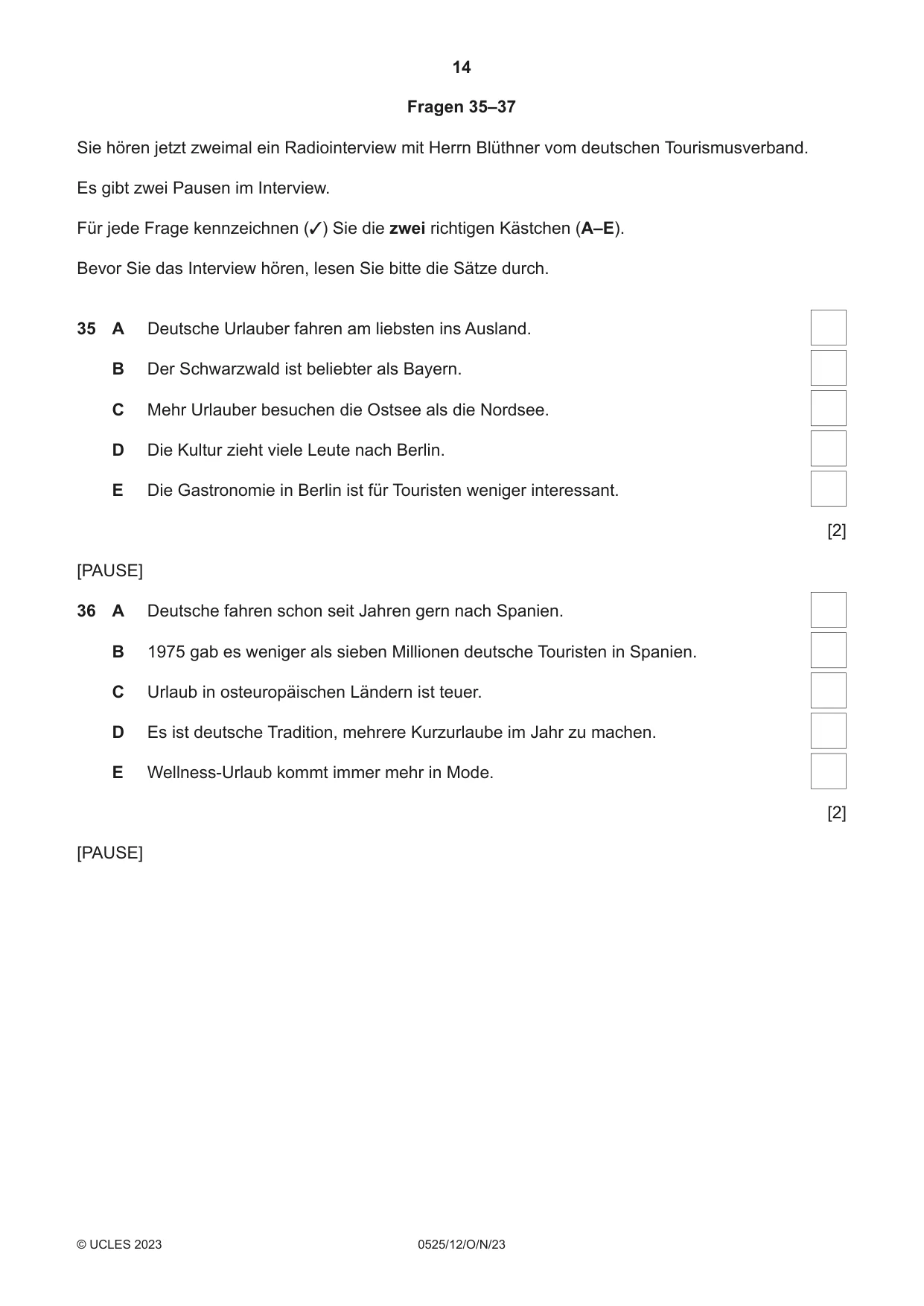 Cambridge IGCSE German - Foreign Language 0525 2023 Oct/Nov Paper 1 · Variant 2 question paper, page 14 of 16