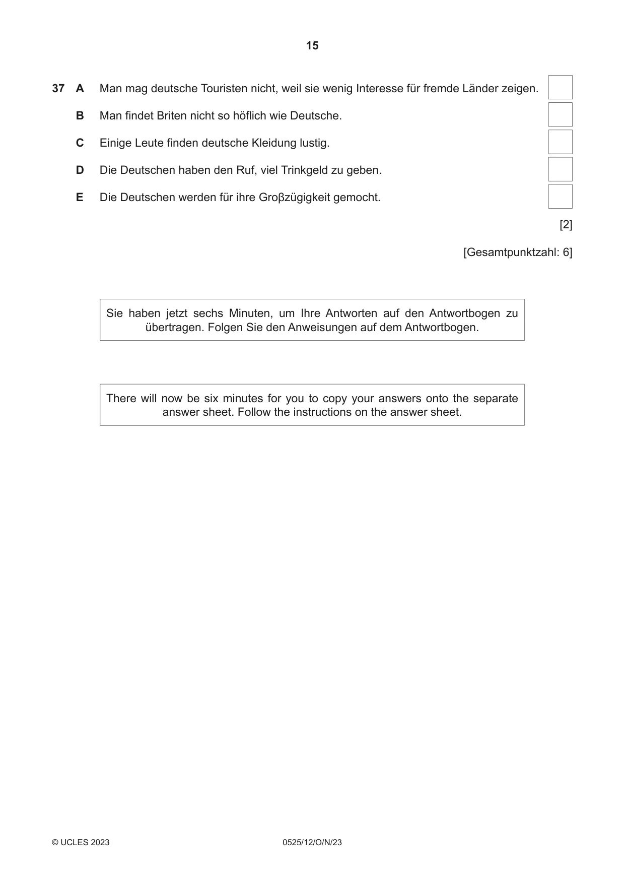 Cambridge IGCSE German - Foreign Language 0525 2023 Oct/Nov Paper 1 · Variant 2 question paper, page 15 of 16