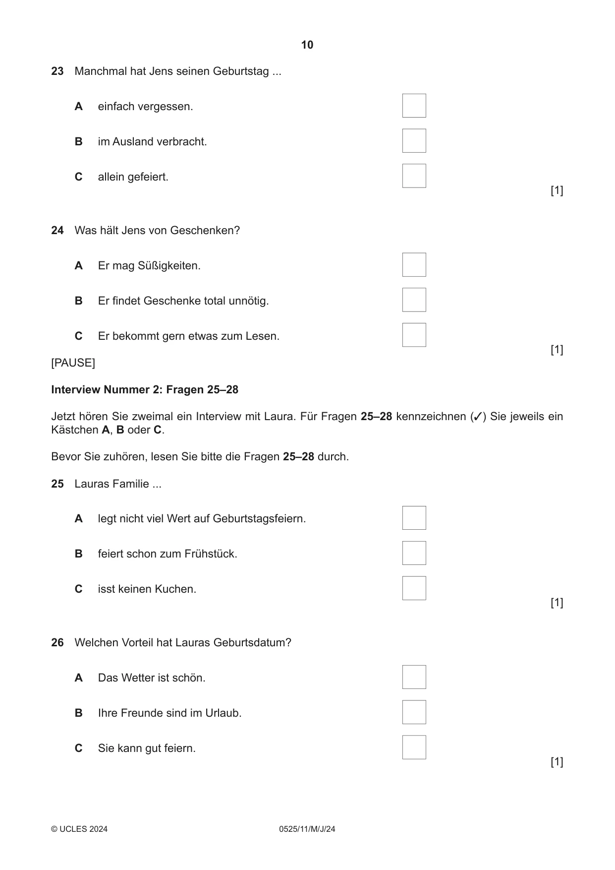 Cambridge IGCSE German - Foreign Language 0525 2024 May/June Paper 1 · Variant 1 question paper, page 10 of 16