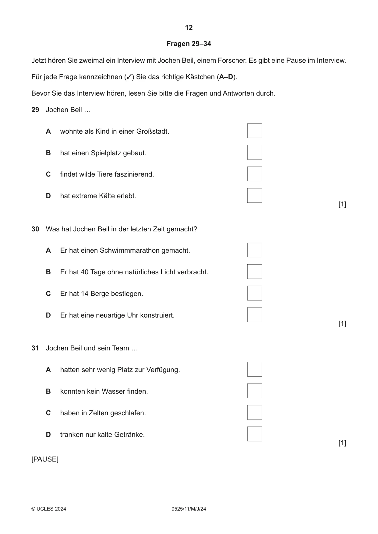 Cambridge IGCSE German - Foreign Language 0525 2024 May/June Paper 1 · Variant 1 question paper, page 12 of 16