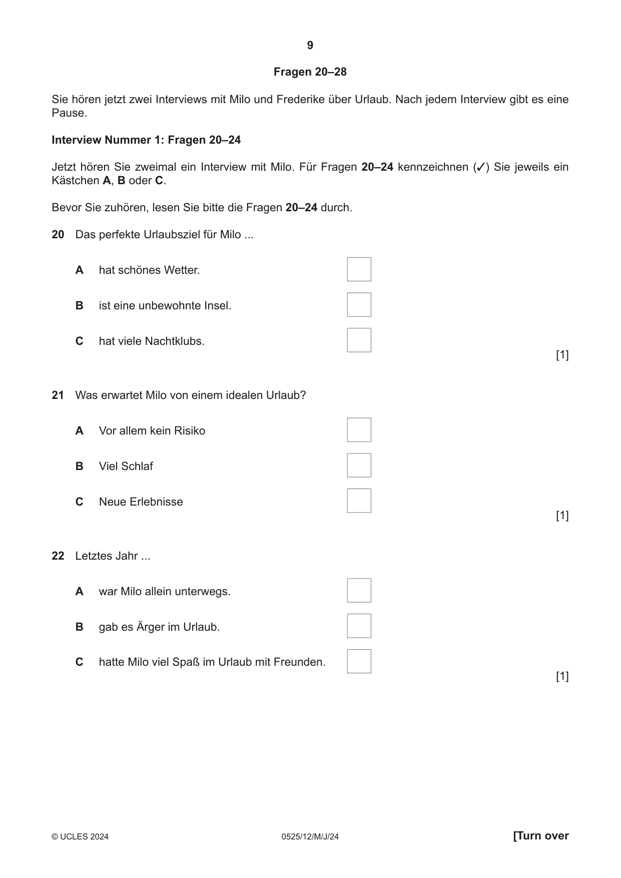 Cambridge IGCSE German - Foreign Language 0525 2024 May/June Paper 1 · Variant 2 question paper, page 9 of 16