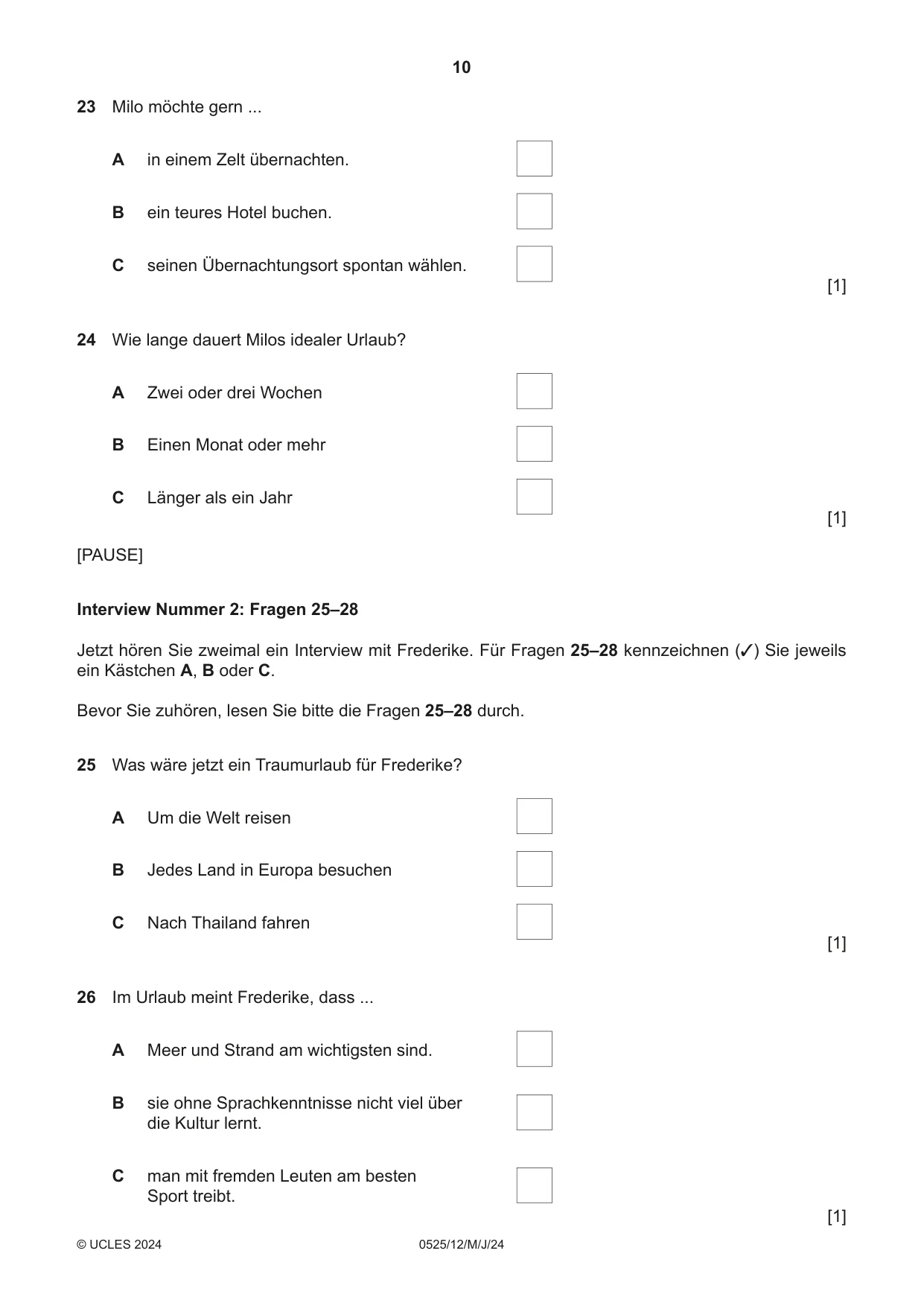 Cambridge IGCSE German - Foreign Language 0525 2024 May/June Paper 1 · Variant 2 question paper, page 10 of 16