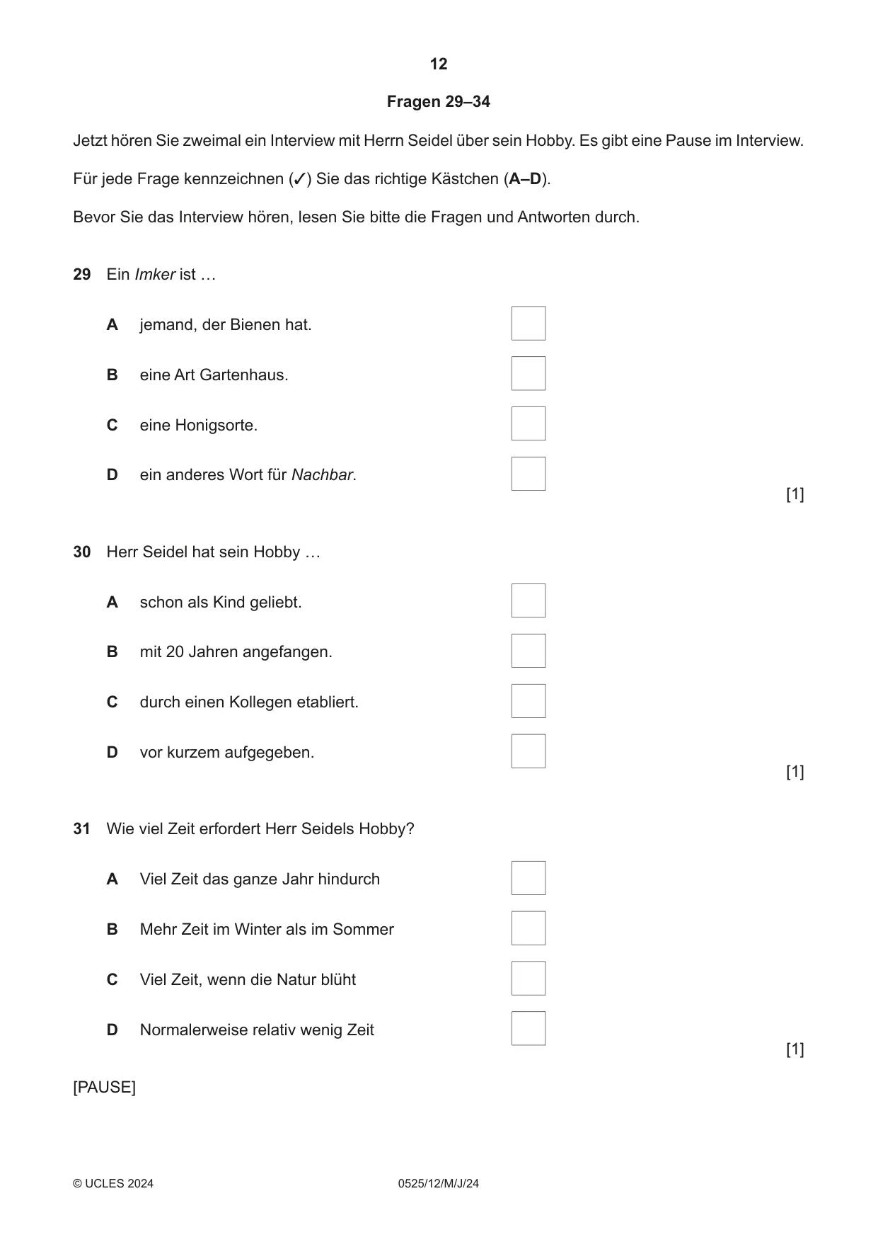 Cambridge IGCSE German - Foreign Language 0525 2024 May/June Paper 1 · Variant 2 question paper, page 12 of 16