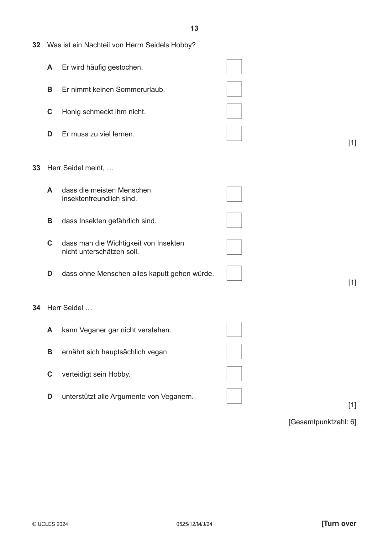 Cambridge IGCSE German - Foreign Language 0525 2024 May/June Paper 1 · Variant 2 question paper, page 13 of 16