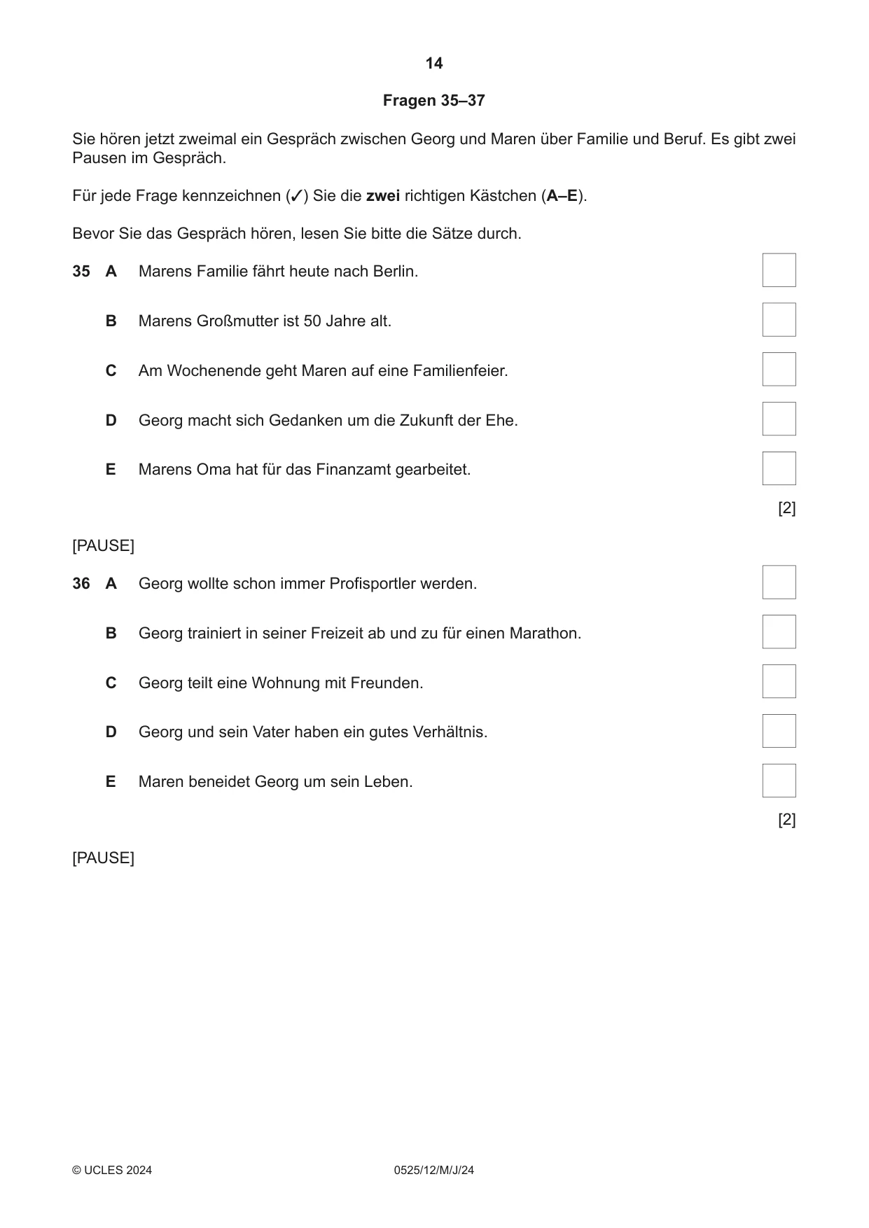 Cambridge IGCSE German - Foreign Language 0525 2024 May/June Paper 1 · Variant 2 question paper, page 14 of 16