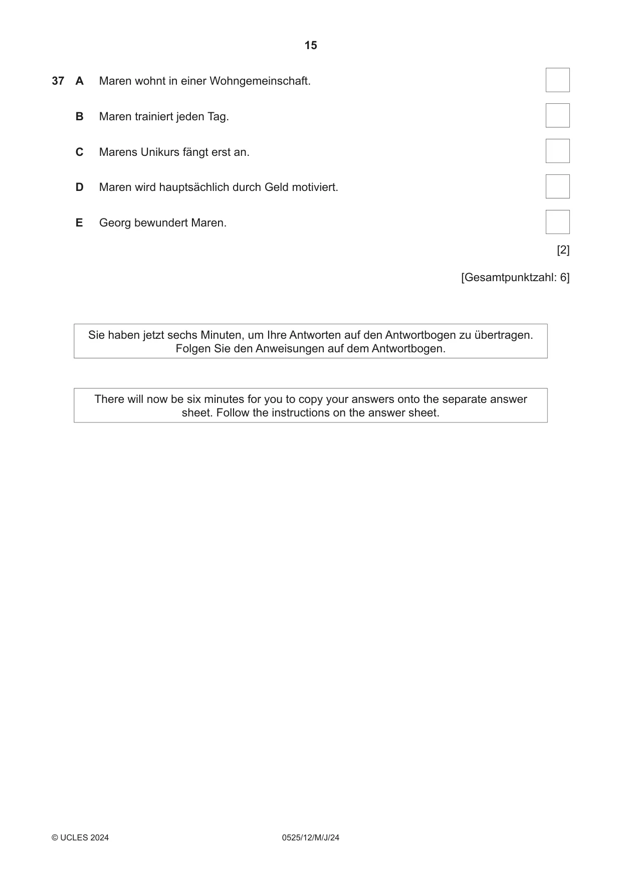 Cambridge IGCSE German - Foreign Language 0525 2024 May/June Paper 1 · Variant 2 question paper, page 15 of 16