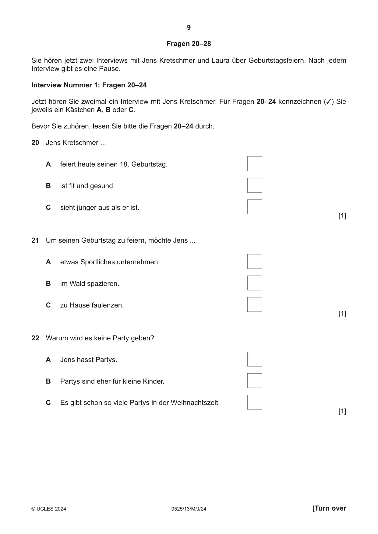 Cambridge IGCSE German - Foreign Language 0525 2024 May/June Paper 1 · Variant 3 question paper, page 9 of 16