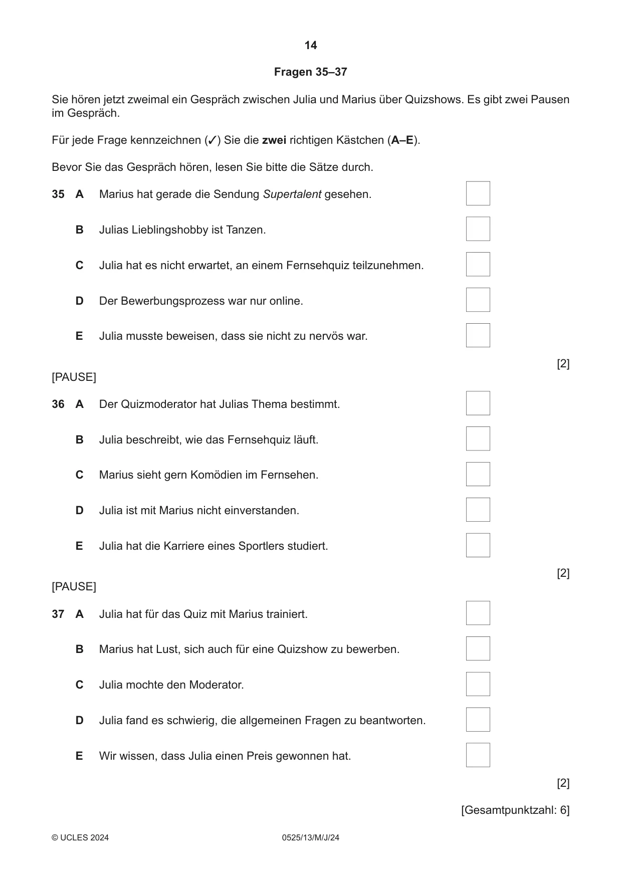Cambridge IGCSE German - Foreign Language 0525 2024 May/June Paper 1 · Variant 3 question paper, page 14 of 16