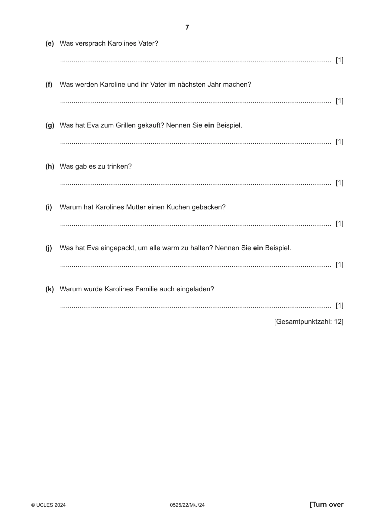 Cambridge IGCSE German - Foreign Language 0525 2024 May/June Paper 2 · Variant 2 question paper, page 7 of 12