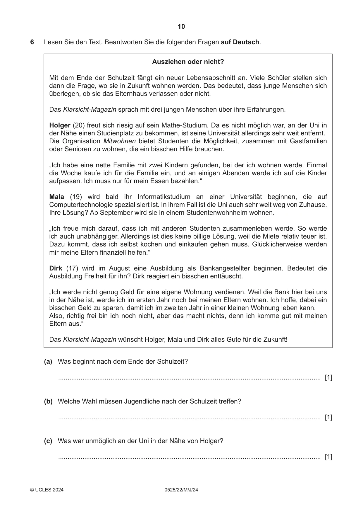 Cambridge IGCSE German - Foreign Language 0525 2024 May/June Paper 2 · Variant 2 question paper, page 10 of 12