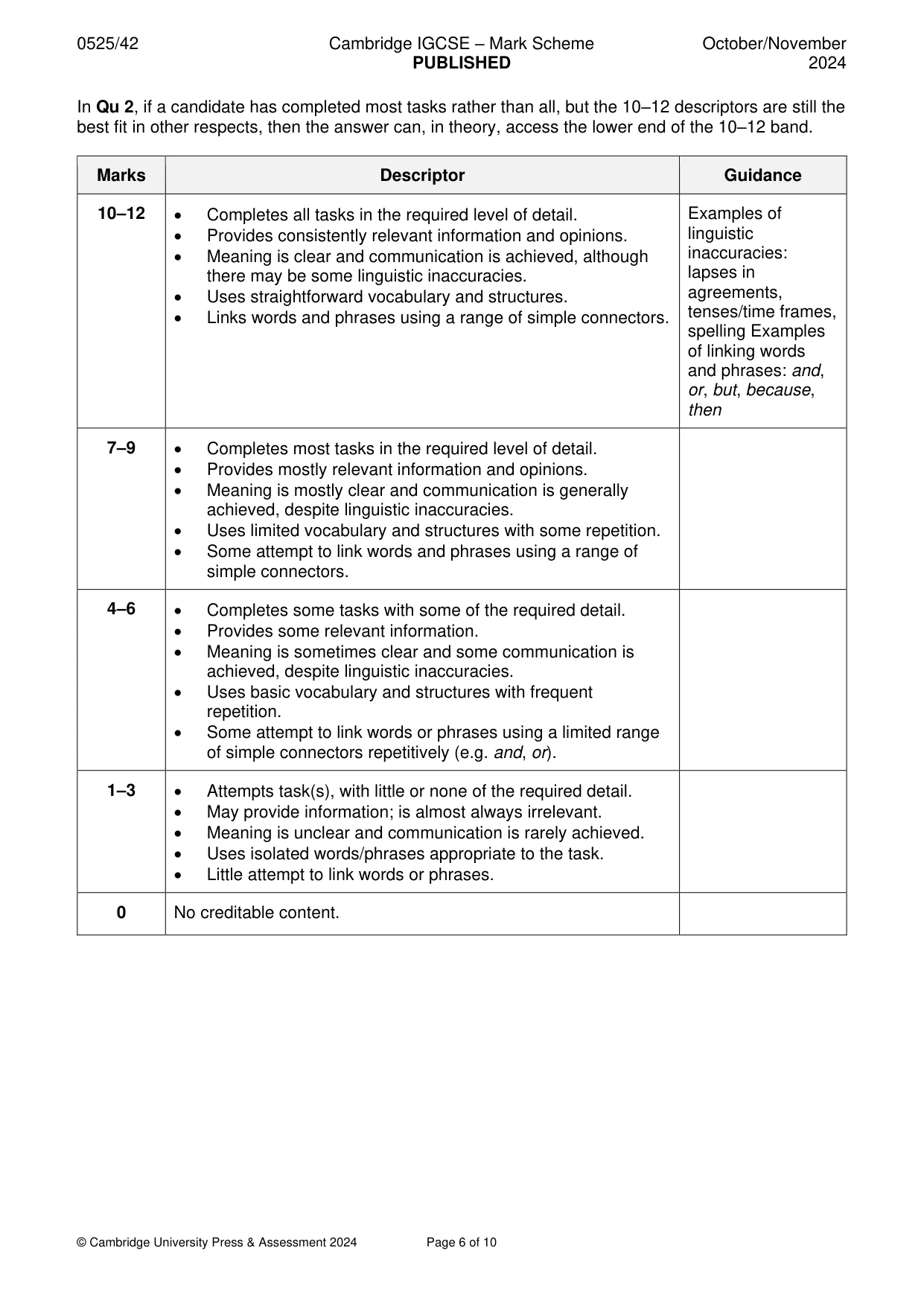Mark scheme, page 6 of 10