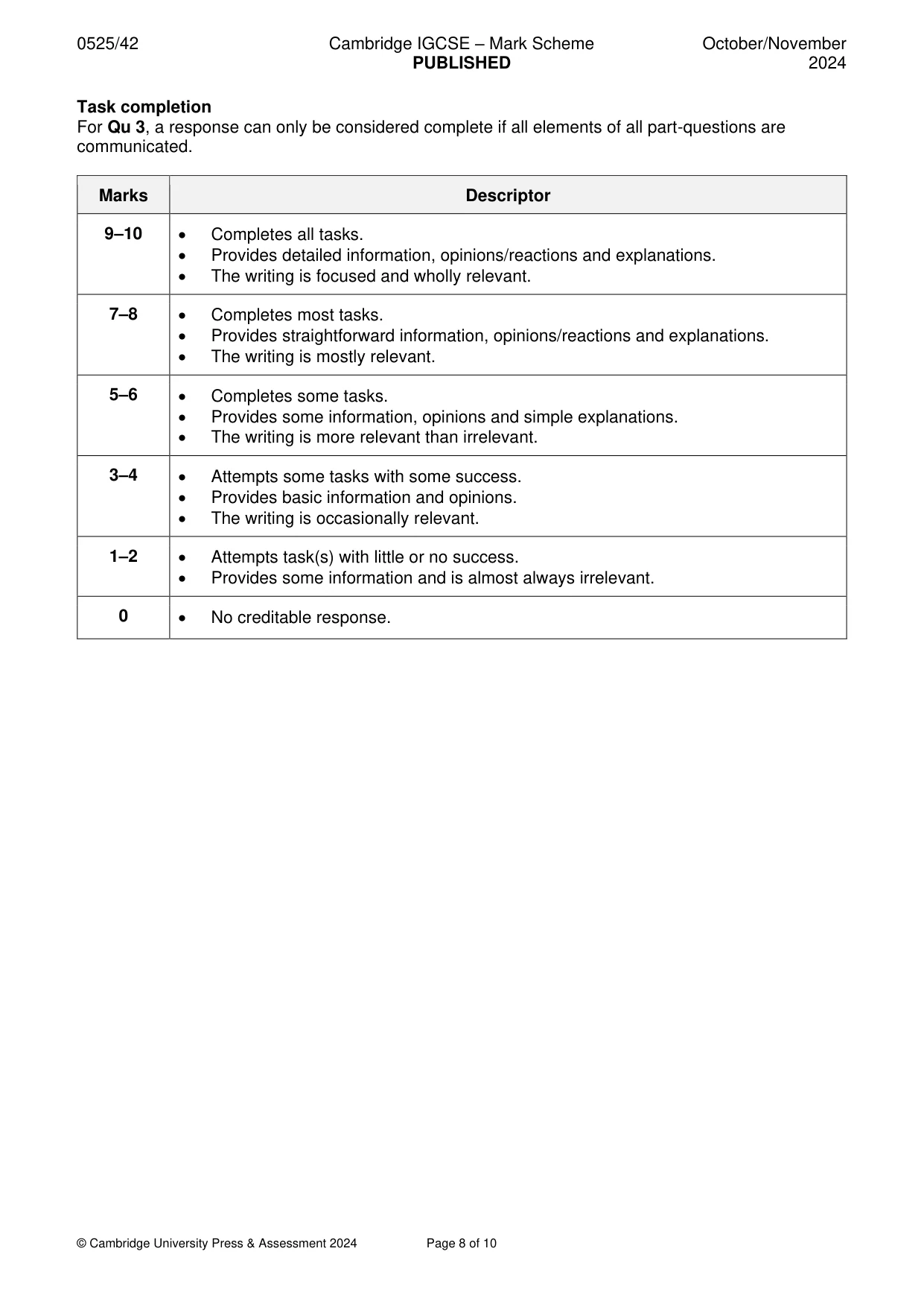 Mark scheme, page 8 of 10