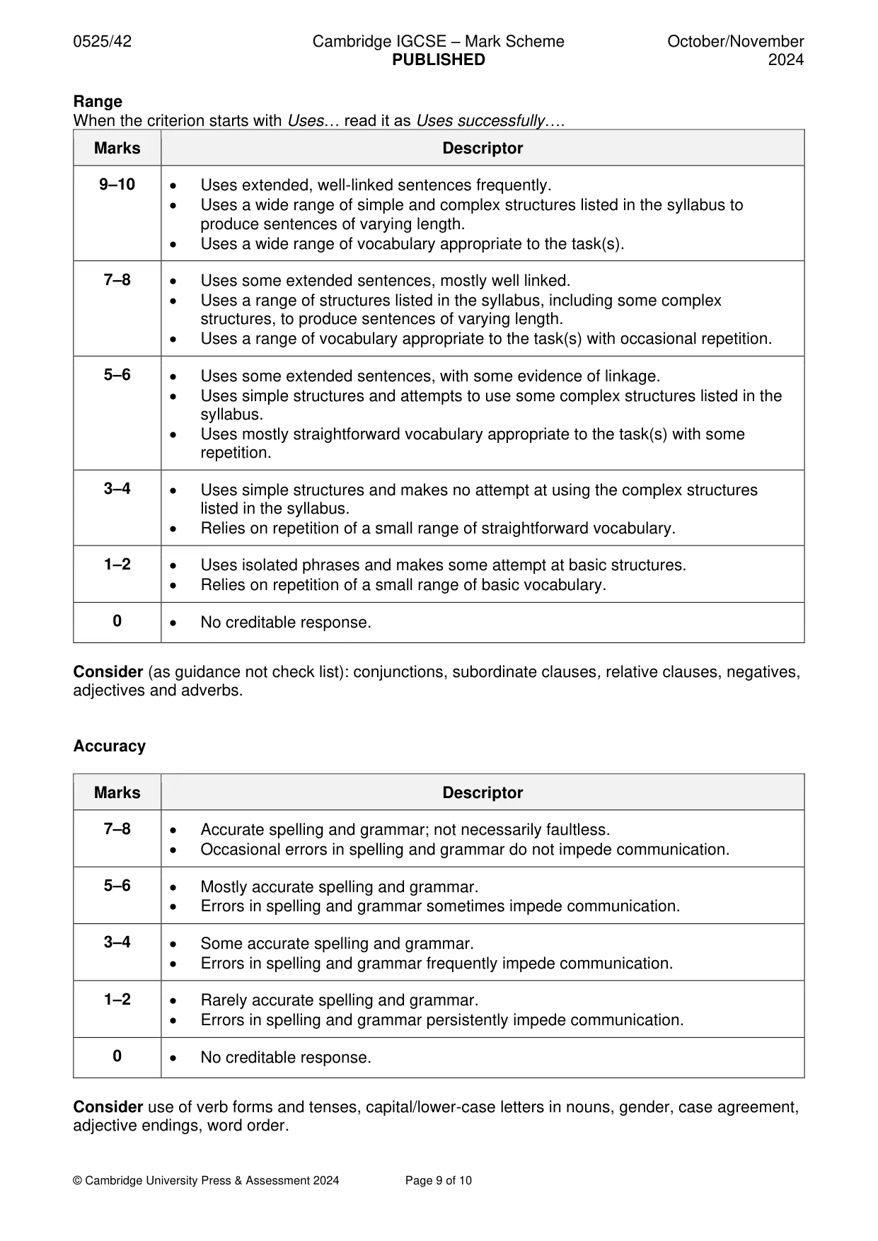 Mark scheme, page 9 of 10