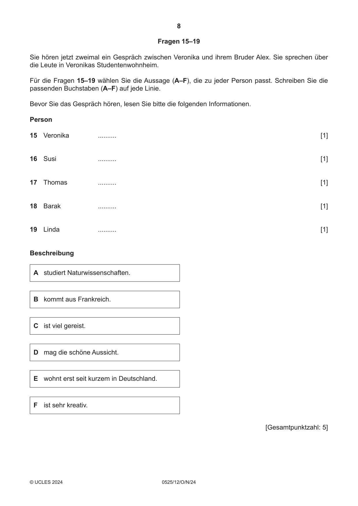 Cambridge IGCSE German - Foreign Language 0525 2024 Oct/Nov Paper 1 · Variant 2 question paper, page 8 of 16